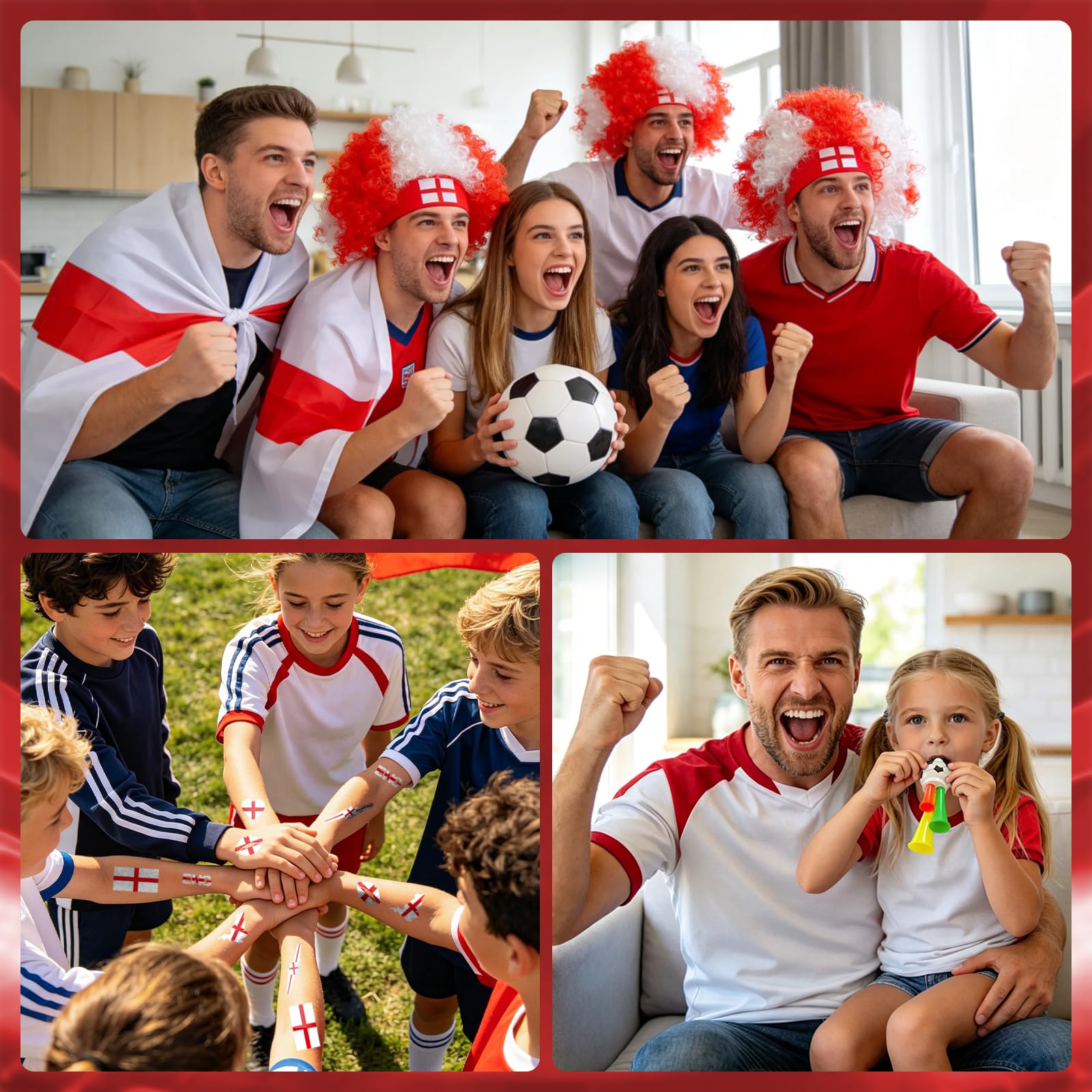 2026 Soccer Fan Gear Set – England Flag Clown Wig, Temporary Tattoos & Loud Horn – Cheer Accessories for International Football Matches, Stadium Parties & Global Tournament Celebrations — view 4