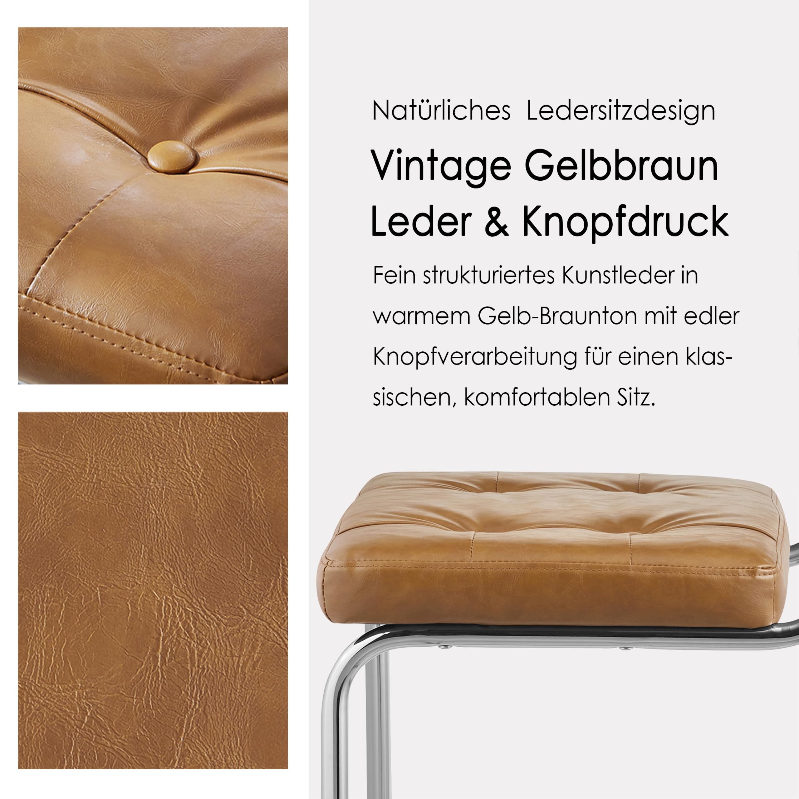 Zouron Stühle 4er Set Schwingstuhl mit echt Eichenholz - Wiener Geflecht Küchenstühle, Gelbbraun Rattan Stuhl Freischwinger Stühle, Kunstledersitz Metallgestell Esszimmerstühle Rocking Chairs