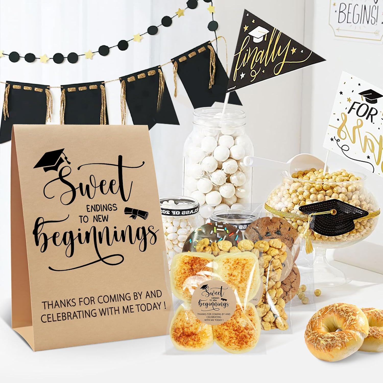 100Pcs Graduation Candy Cookie Treat Bags, Sweet Endings to New Beginnings of 2025 Clear Grad Cellophane Treat Bags Graduations Stickers and Kraft Paper Sign