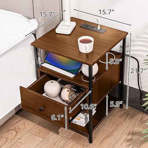 Miniatura 3 de Mesita de noche de madera con estación de carga, puerto USB y cajón individual  Mesita de noche para sala de estar, dormitorio (2, marrón rústico)