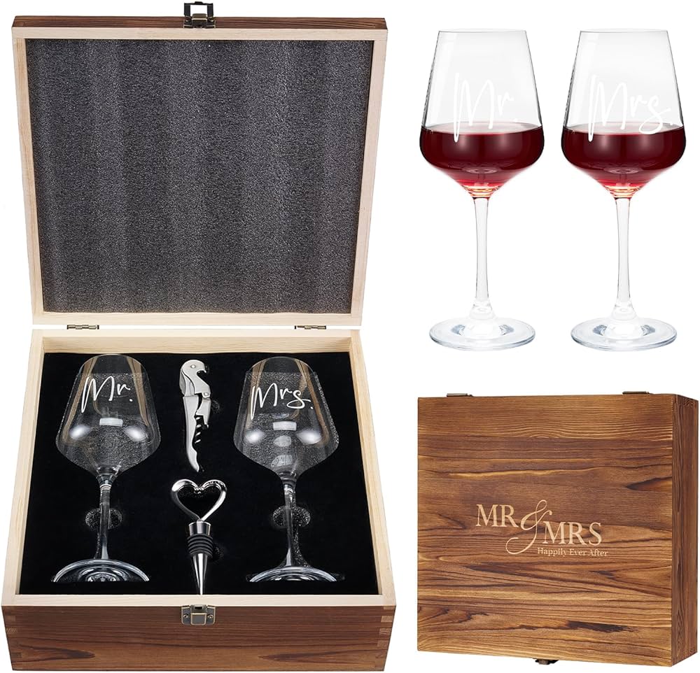 AW BRIDAL Wedding Gifts Bridal Shower Gifts Engagement Gift for Couples Newlyweds Mr & Mrs Wedding Wine Glasses Set of 2 - Wine Opener Wine Stopper with Engraved Wooden Keepsake Box