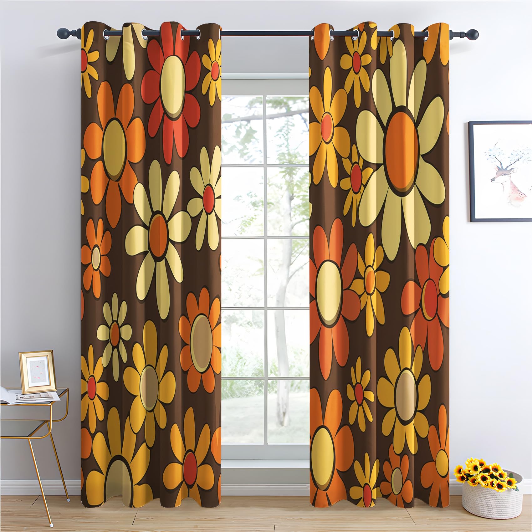 Luxfieo Retro 70s Blackout Curtains for Living Room Bedroom - 108 Inch Drop Curtains 90x108, Groovy Hippie Florals Patterned Window Treatments, Thermal Eyelet Drapes 2 Panels Q#80