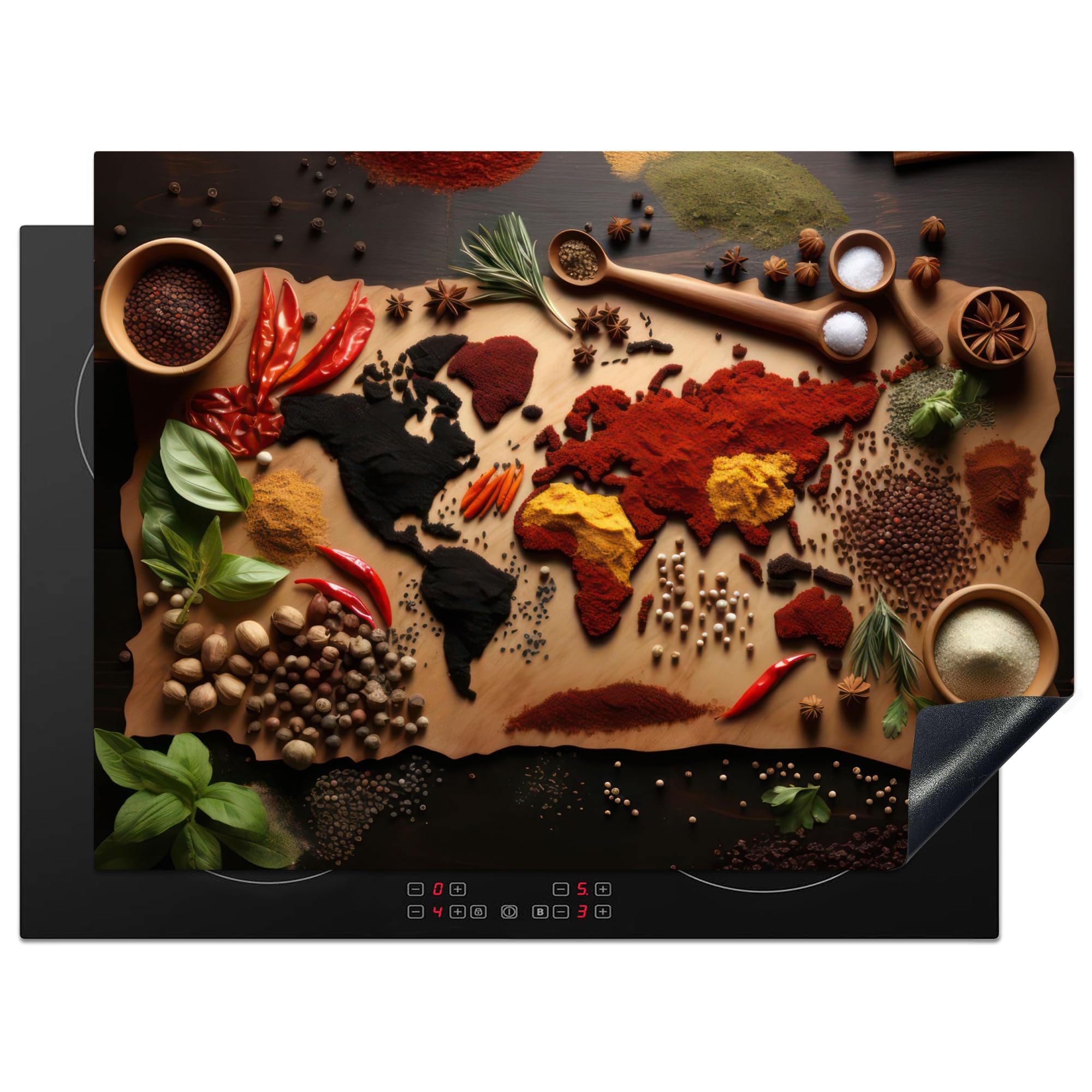 KitchenYeah© Induction Hob Protector Mat 20.5"x27.6" / 70x52 cm Stove Cap Top Cover Kitchen Cooker Covers for Electric Hobs Vinyl Herbs - Spices - World Map - Brown - Spoon - Colourful