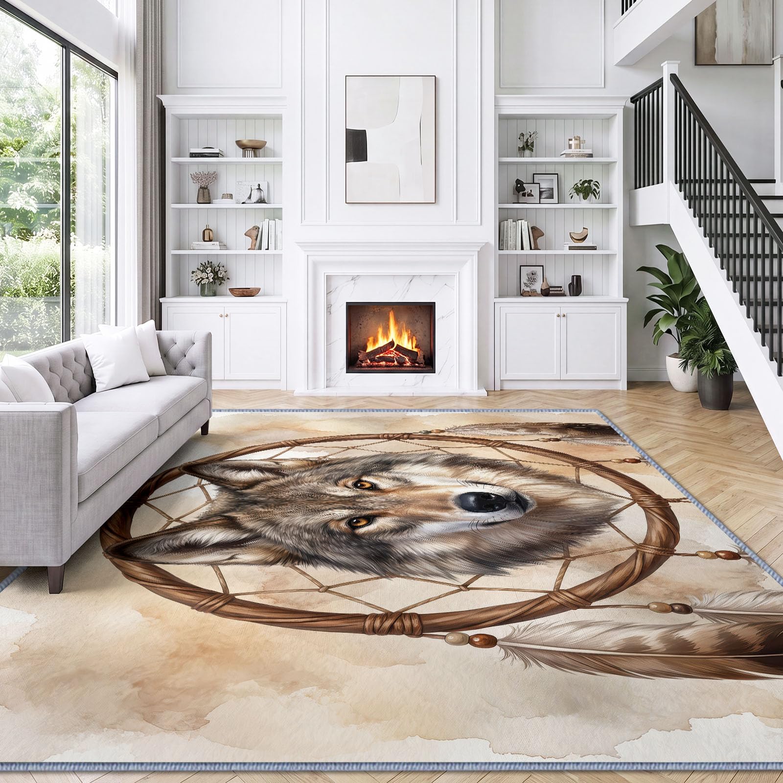 Tapis de Salon Lavable en Machine 160 x 230 cm, Minimalisme Art Animaux Loup Tapis Chambre, Antidérapant, Poils Courts, Douce, Adapté à L'aspirateur pour Entree Interieur, Couloir, Terre Cuite