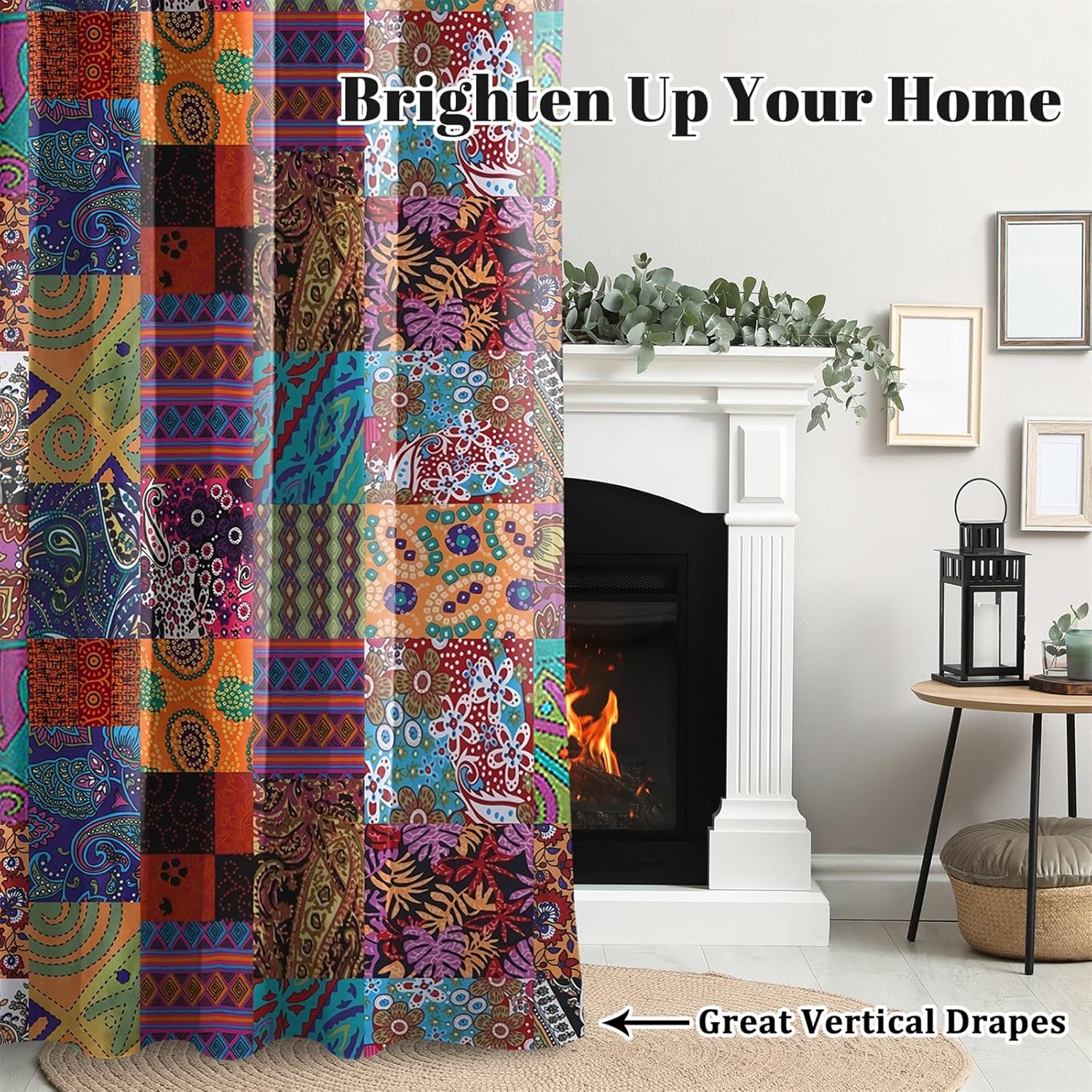 Renaiss 26 x 63 Inch Bohemian Blackout Grommet Curtains Patchwork Inspired Squares with Mandala Blooms Folk Geometric Art Thermal Insulate Window Treatments Curtains for Living Room Bedroom 2 Panels
