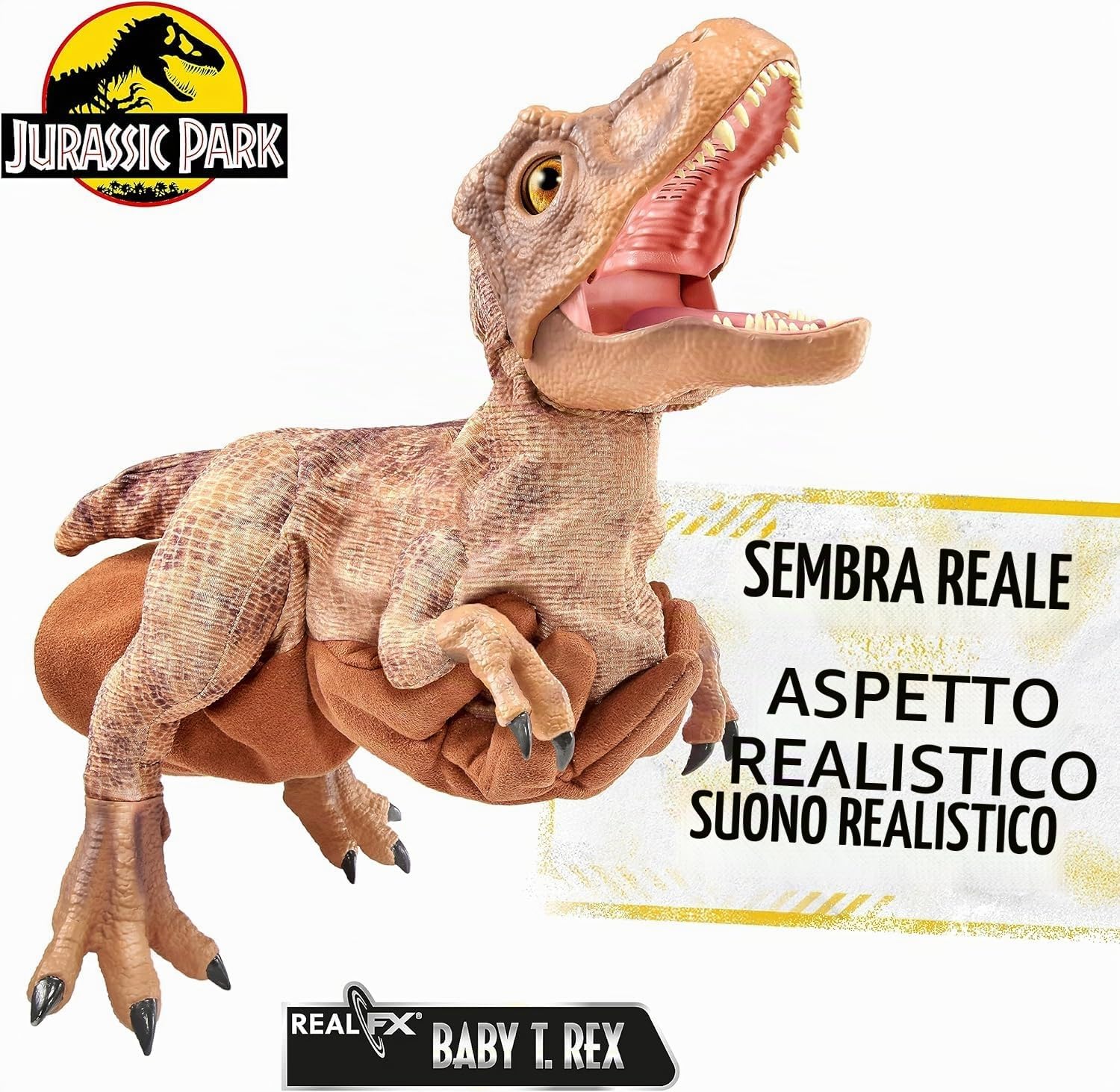 WOW! STUFF Jurassic Park Real FX Baby T.REX Dinosaur, edizione speciale, giocattolo animatronico iperrealistico, realistico, realistico, con suoni reali del film, regalo ufficiale Jurassic World,