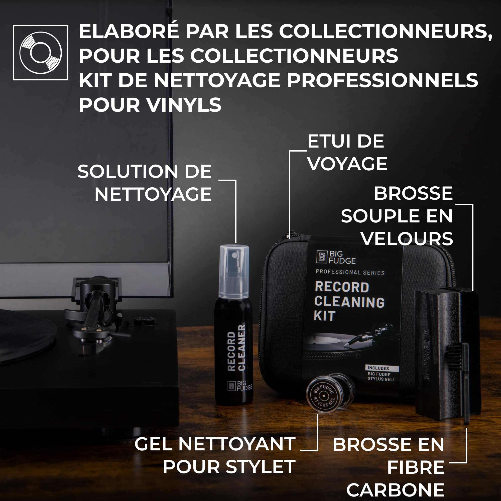 Big Fudge Professional Series Kit de Nettoyage Vinyle - 5-en-1 - Avec Brosse de Nettoyage en Velours, Liquide de Nettoyage et Gel Stylet