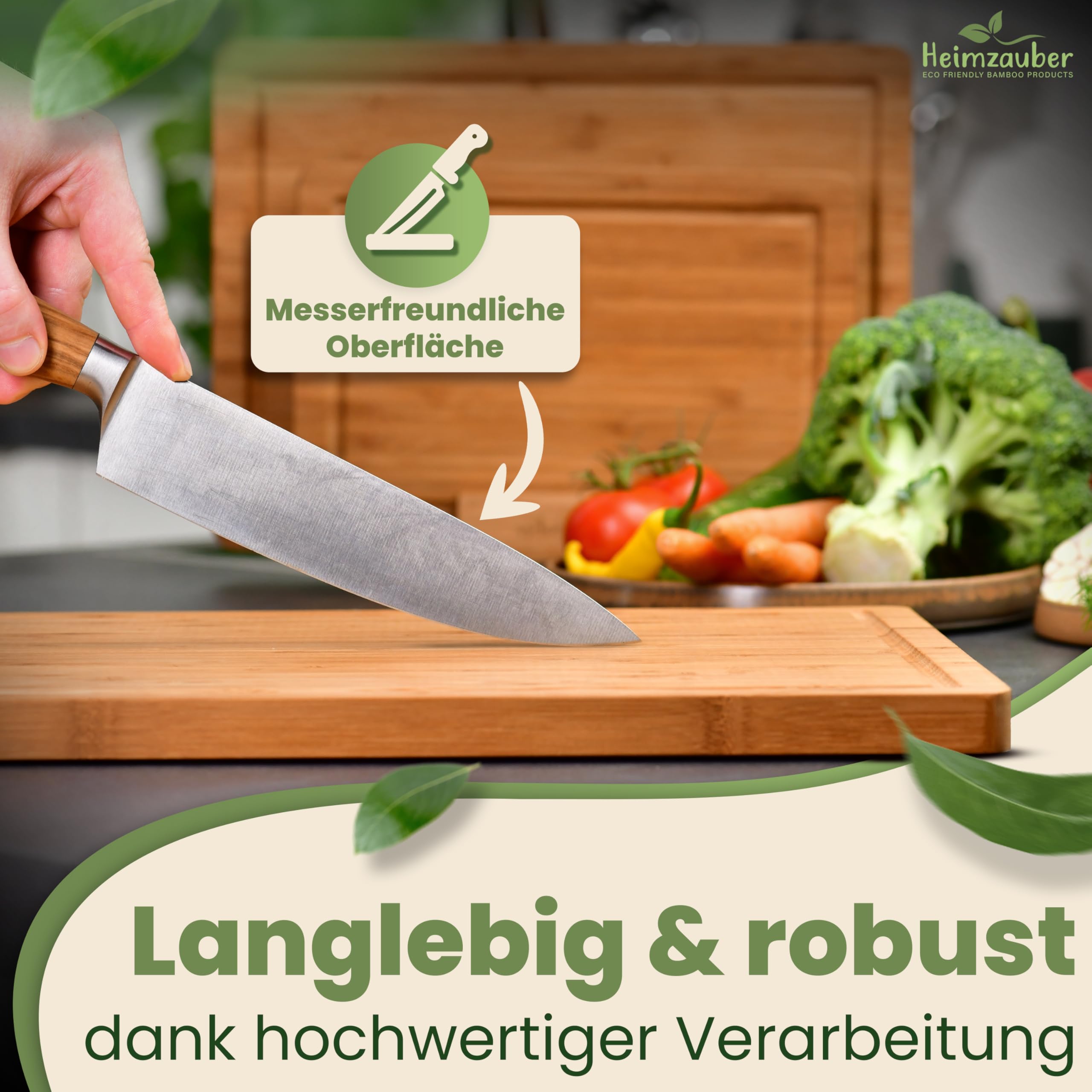 Schneidebrett Holz 3er Set | Premium Frühstücksbrettchen | Bambus Massiv 2cm dick | inkl. Ständer | Holzbrett Servierplatte mit Saftrille für die Küche