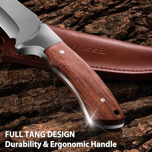 Miniatura 2 de FLISSA Cuchillo de caza con funda de cuero, hoja fija de 11-5/8 pulgadas, construcción de espiga completa, cuchillo ergonómico con mango de madera