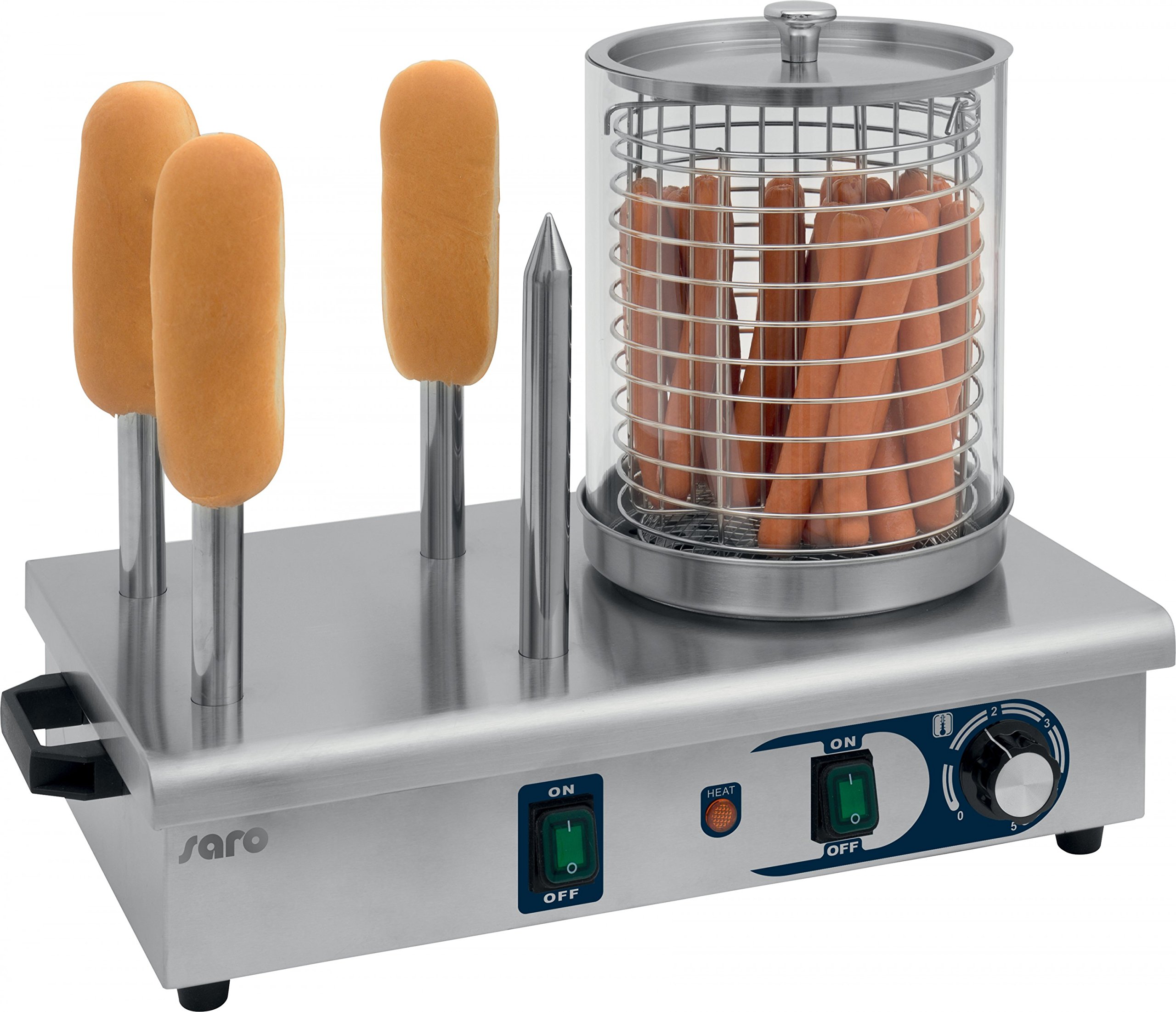 SARO HW 2 - Macchina per hot dog, in acciaio inox, con cilindro in vetro e 4 bastoncini per tostapane, termostato 0-110 °C, da 0,65 kW e 480 x 280 x 410 mm (l x P x H)