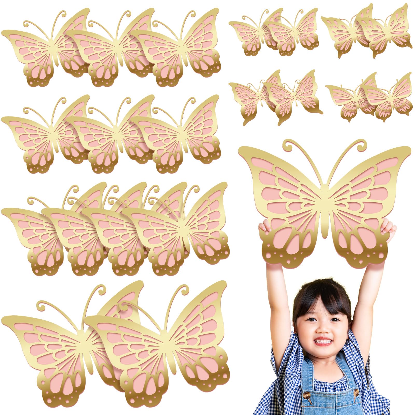 Kigeli 20 Pcs Giant Butterfly Party Decorations 4 Sizes Butterfly 3D Centerpieces Gold Wall Decor Paper Cutouts for Baby Shower Wedding Party Room(Gold and Pink)