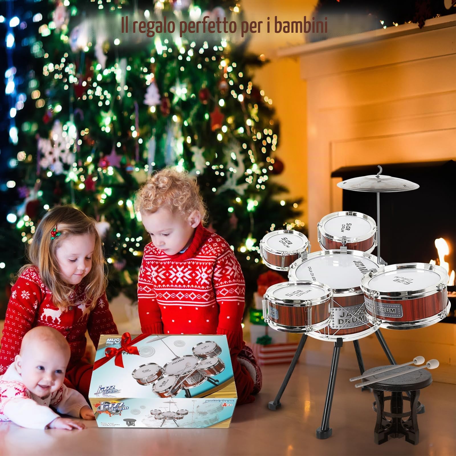 Kit Batteria per Bambini, 5 Tamburi con Sgabello, Strumento Musicale | per Educazione Precoce, Batteria Musicale Bambini Junior Drum Set Regalo 1 2 3 4 anni Ragazze Ragazzi
