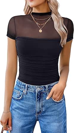 Avidlove Women's Short Sleeve Bodysuit Turtle Neck Mesh One Piece Leotard Going Out Tops