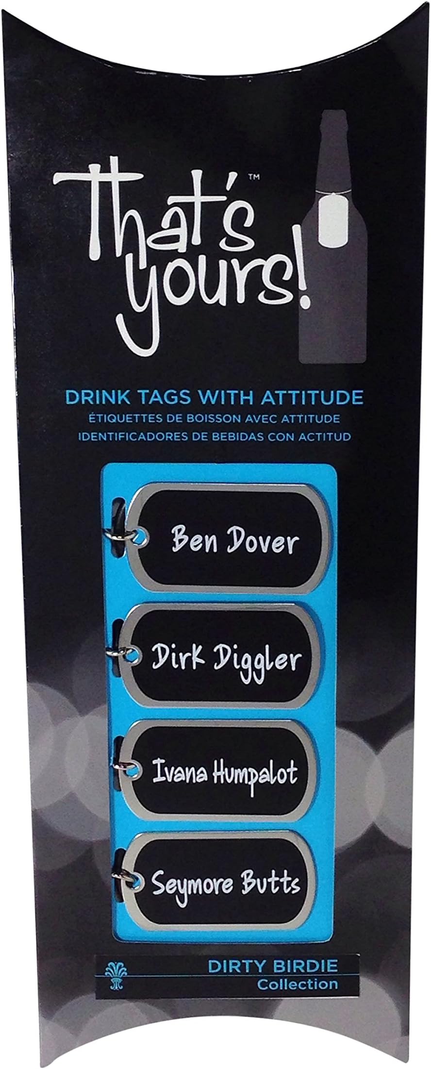 That's Yours"Dirty Birdie" Bottle Drink Tag Packaged Collection, Black/White, Set of 4