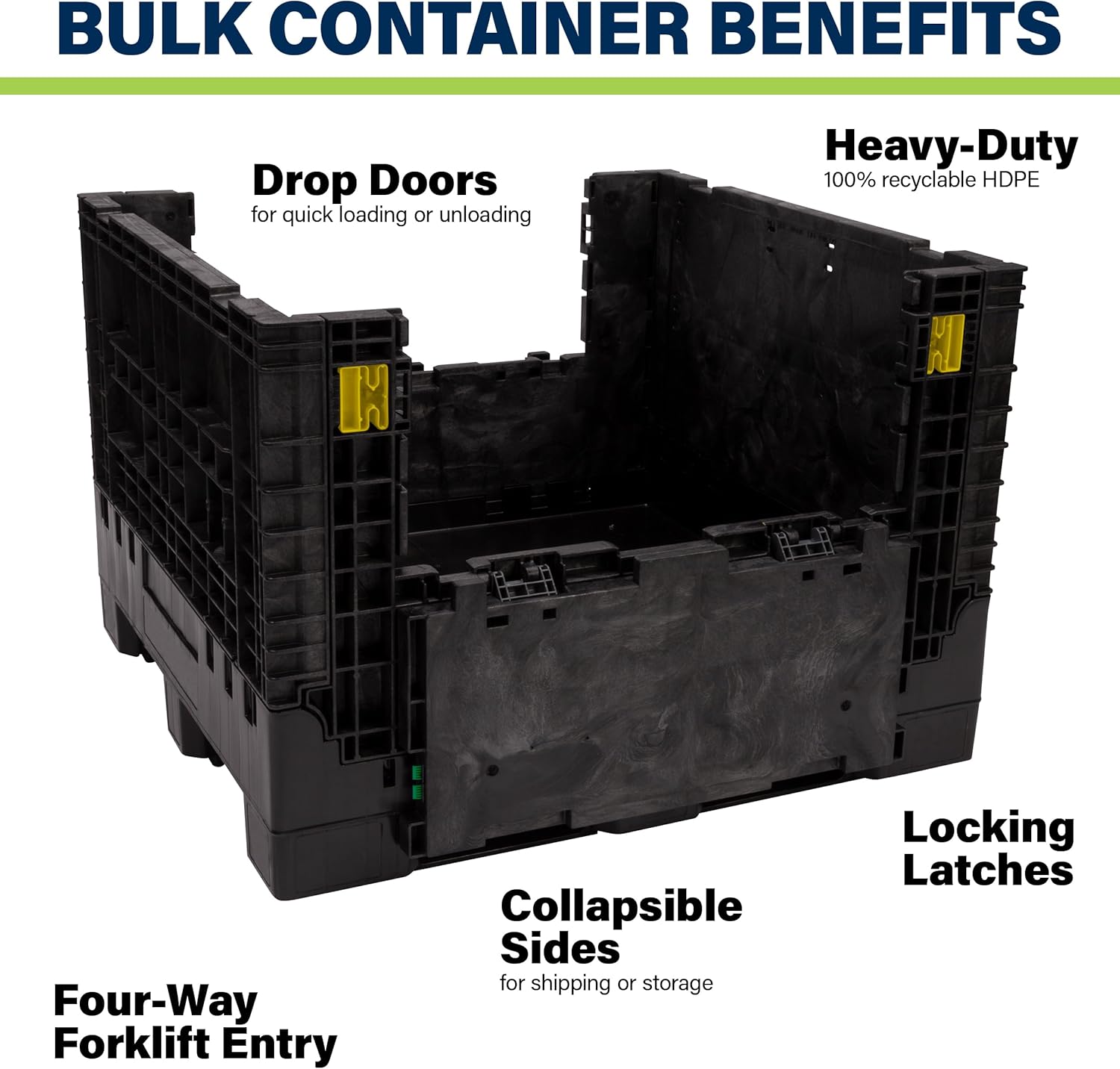 Buckhorn 48" x 45" x 44" Collapsible Bulk Box Container, Extra-Duty Plastic Stacking Gaylord Box with 4-Way Forklift Access and 2 Drop Doors, 1700 lb Capacity Storage Tote, Black (BR48454420)