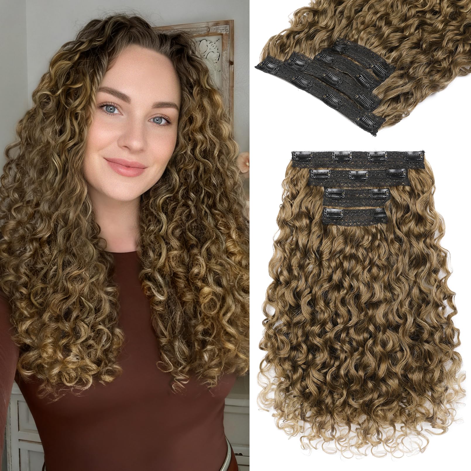 Photo 1 of REECHO Curly Hair Extensions - 4PCS 18" GoGo Curly Clip in Hair Extensions 100% Super Protein Hairpieces with Invisible Lace Weft Silky Soft Natural Look for Women - Light Golden Brown with Light Ends
