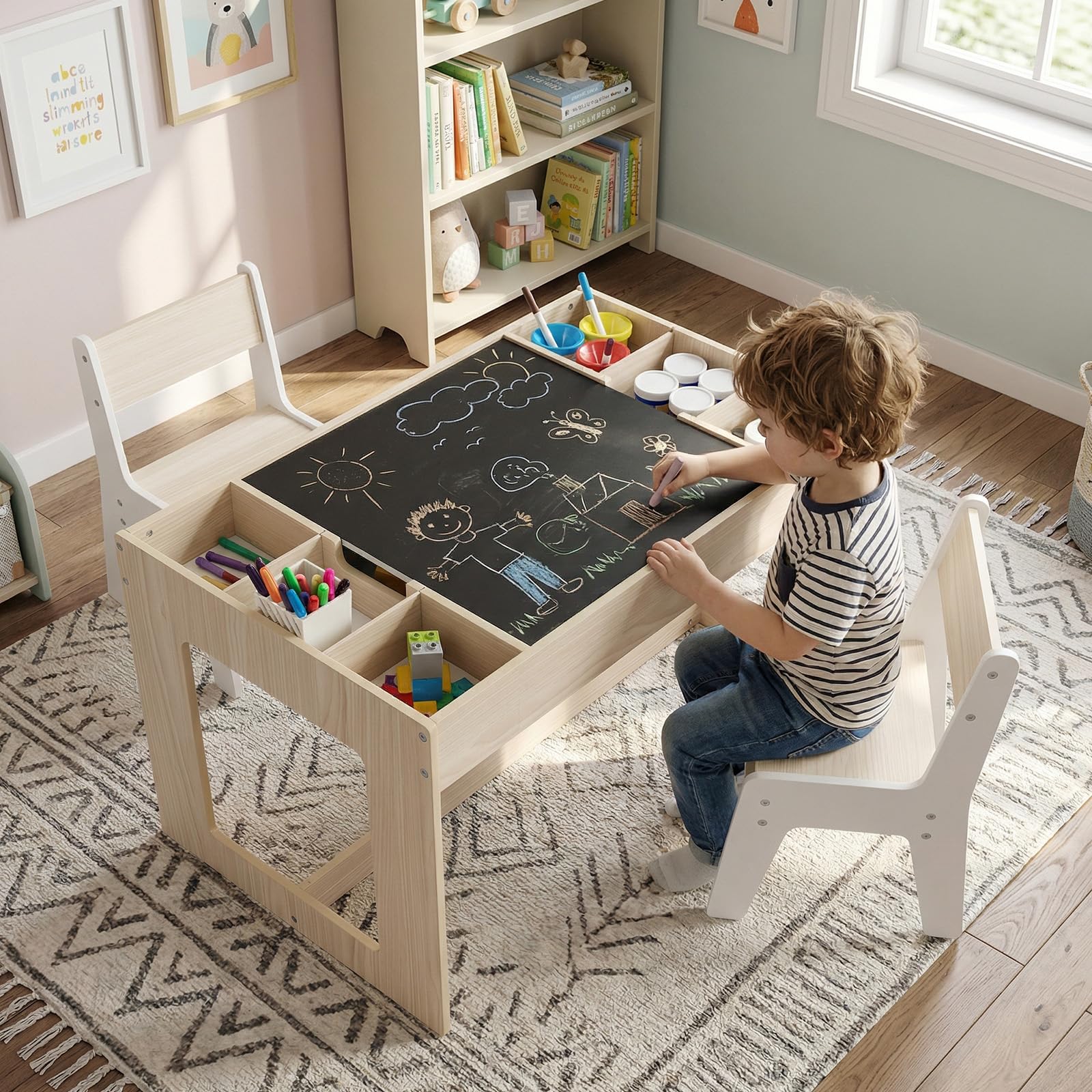 COSTWAY Set Tavolo Multifunzionale per Bambini e 2 Sedie, Tavolo e Sedie in Legno con Piano Doppio Rimovibile, Lavagna Nera & Lavagna Bianca, Compartimenti Laterali con Divisori Staccabili (Naturale)