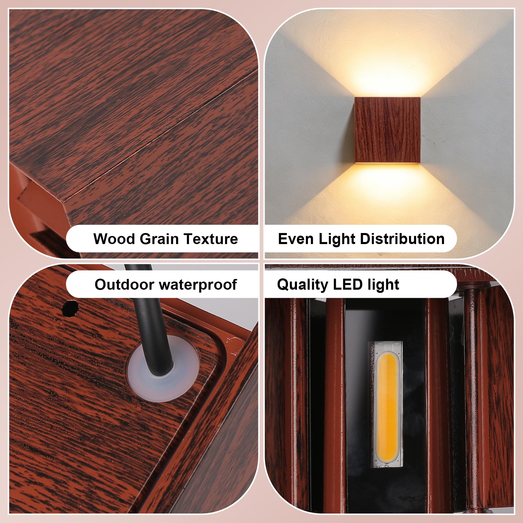 CANMEIJIA Aplique Pared Exterior Efecto Madera de Nogal 12W 3000K IP65 2 P | Lámpara de pared con deflectores internos que permiten regular el haz de luz desde 20 hasta 150 grados fácilmente