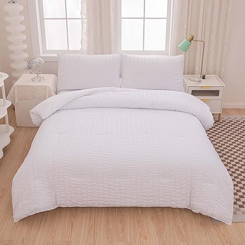 Miniatura 1 de Juego de edredón de sirsaca de 5 piezas de microfibra ligera y suave para mujer, tamaño Queen de sirsaca de sirsaca de color blanco claro, para