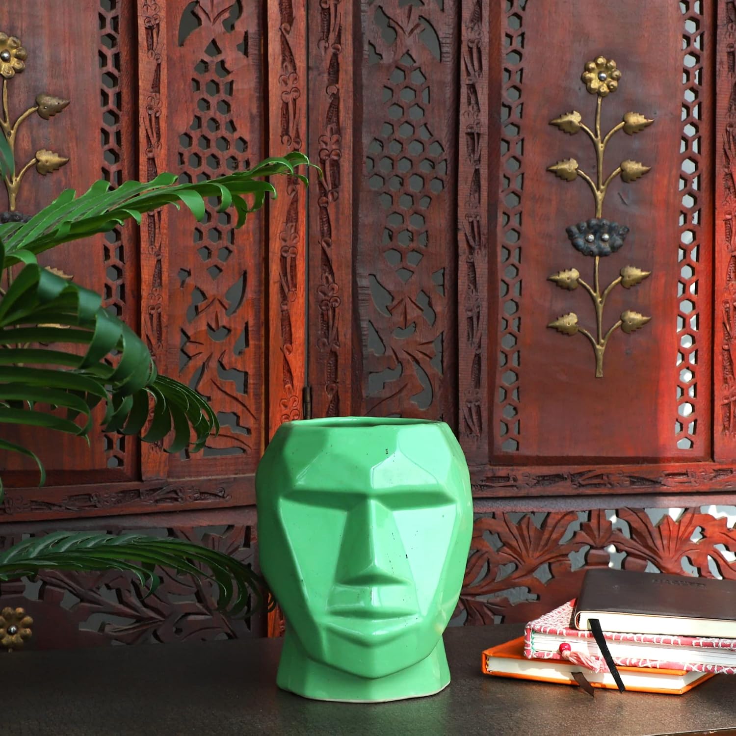 Flower Vase Man Shape Ceramic Handmade Planter | Pot | Planter | Home Decor | Khurja Pottery (Green, H-6.5 X Dia-3.5 Inch)