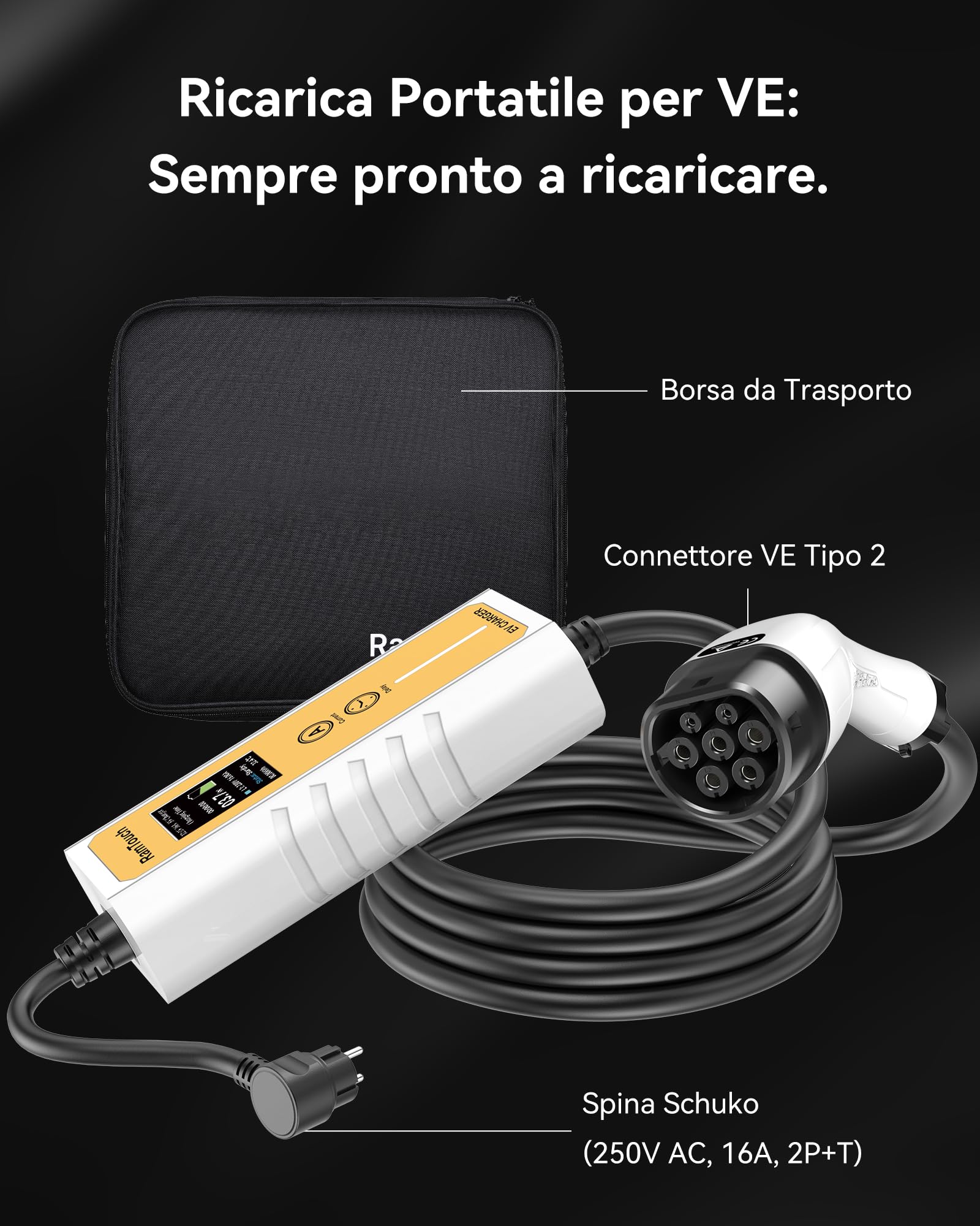 Caricabatteria da Auto Elettrico (3,7 KW, 6,5 m, Tipo 2, Schuko) - Cavo di Ricarica con amperaggio Regolabile 6A-16A, Ricarica ritardata e Programmata, terminale di Ricarica Mobile per EV e