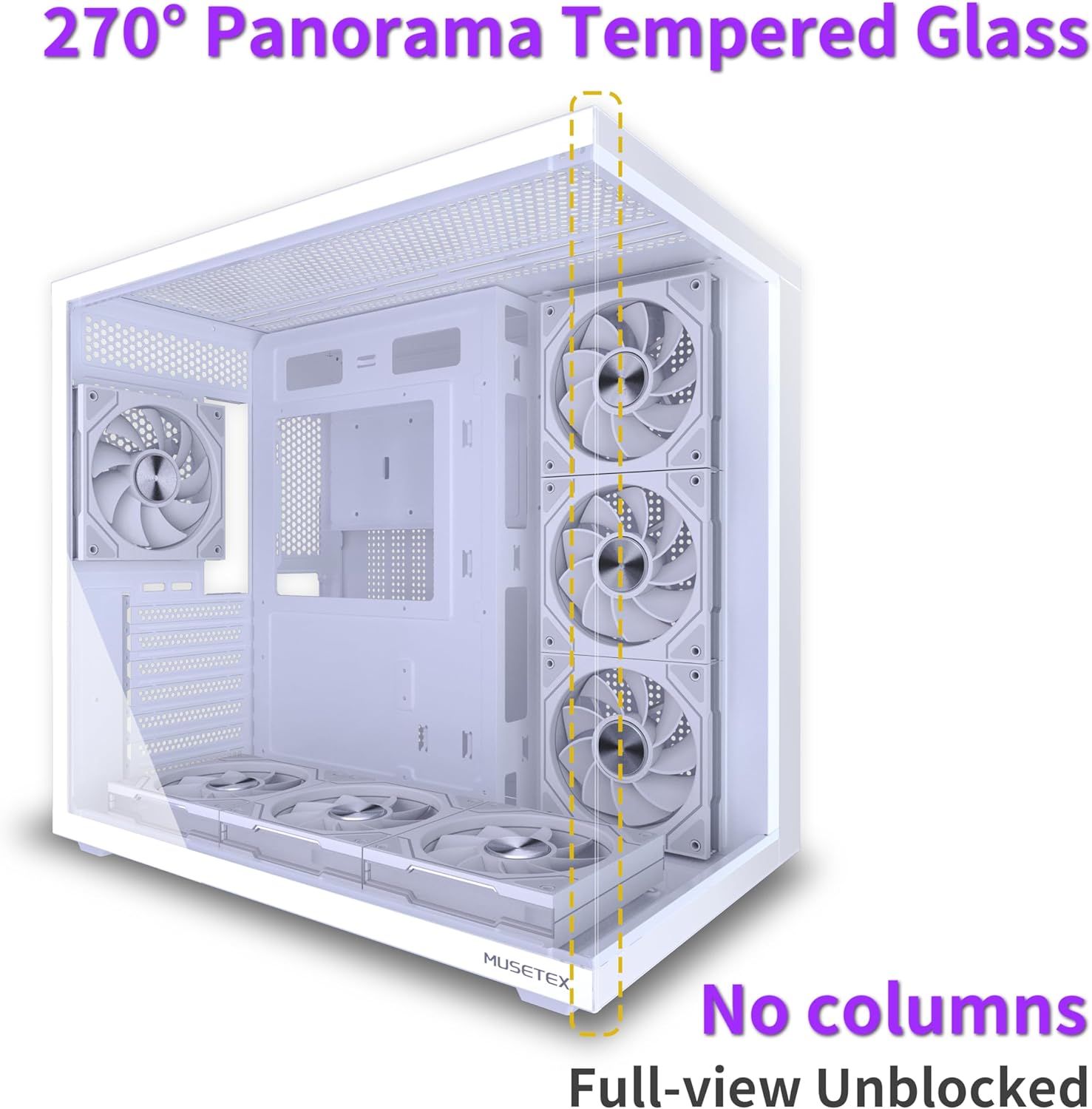 MUSETEX Y6 PC Case, Pre-Installed 7 Infinity Mirror PWM ARGB Fans, ATX Mid Tower Computer Case, Gaming PC Case with Type-C, 270° Full View Tempered Glass, White