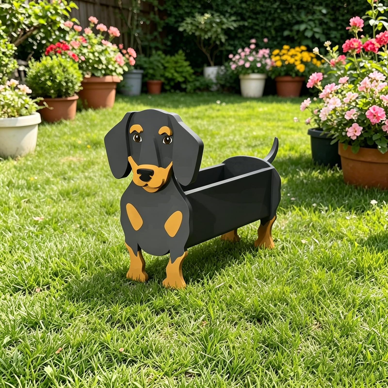 Hiiaodecor Black Tan Dachshund Pet Dog Animal Bonsai Holder Cute Shape Art Plant Storage Pot Villa Garden Indoor Outdoor Office Decor Ornaments 43 * 25cm/16.93 * 9.84in