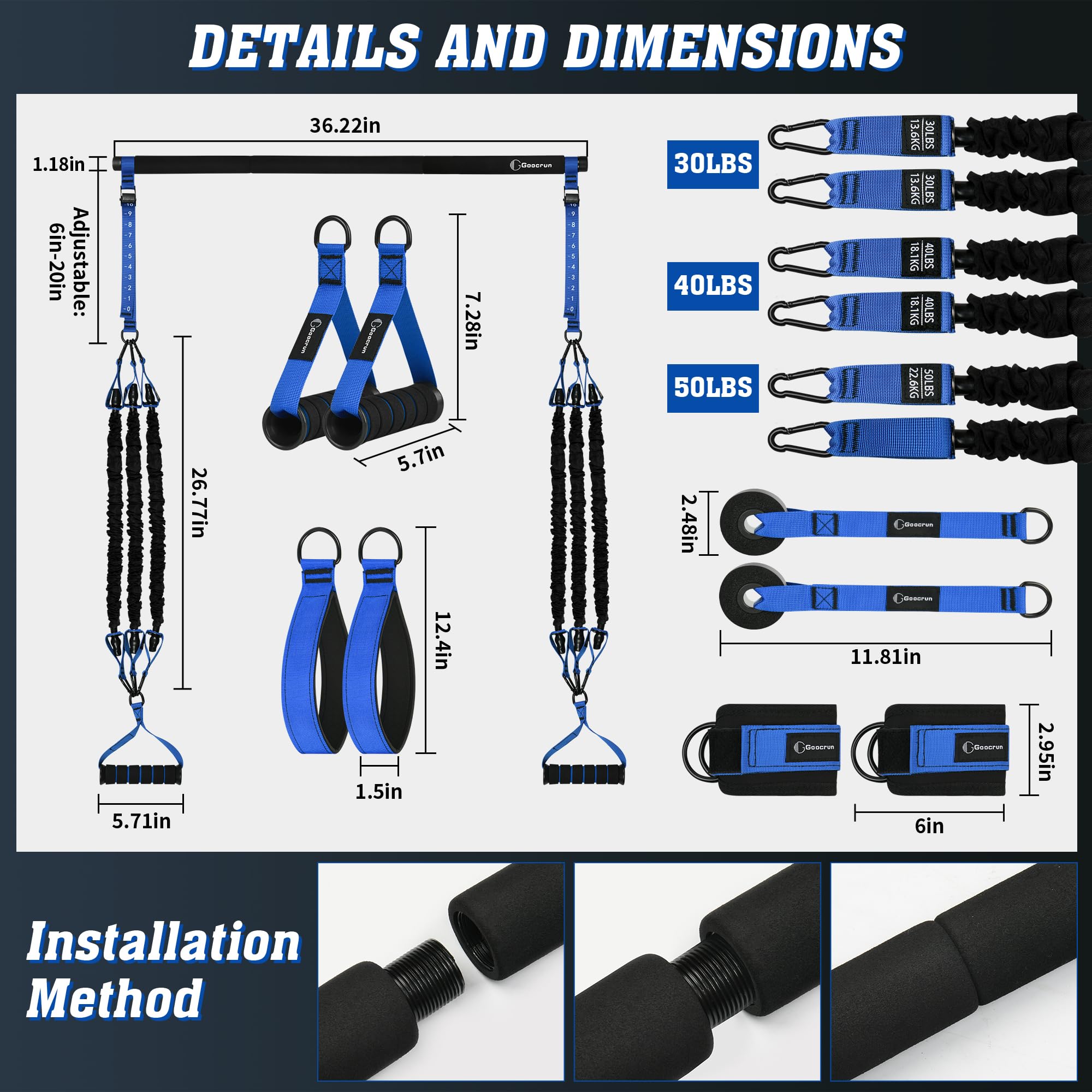 Barra portatile per pilates e fascia di resistenza con maniglie, include ancoraggi per porta, cinturino per caviglia e cinghie di estensione, con poster fitness e video