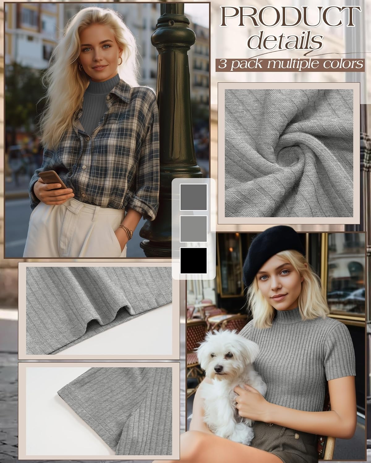 3 Pack Women Mock Turtleneck Shirts Short Sleeve Ribbed Lightweight Basic Layering Cotton Tops Slim Fit Tunic Tees - Image 4