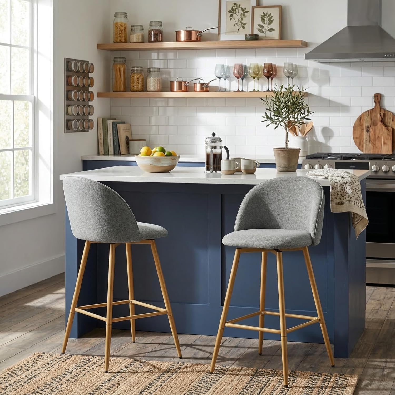 Homy Casa Set of 2 Swivel Counter Height Bar Stools with Ergonomic Seat Footrest and 26 Inch Seat Height for Kitchen Island Dining Room and Home Bar, Beige