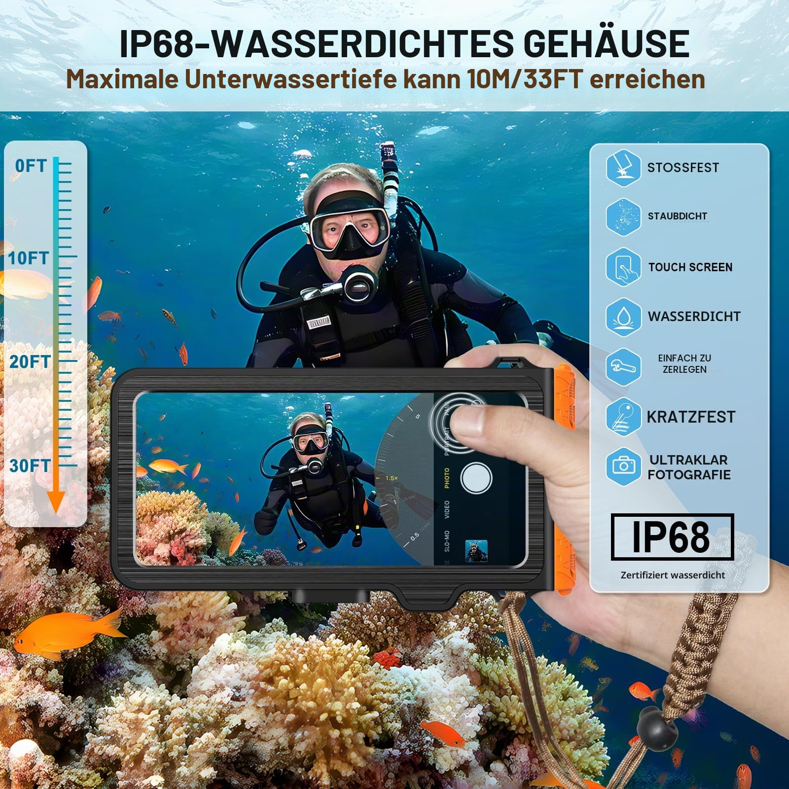 wasserdichte Handyhülle, Tauchen, Schnorcheln, Schwimmen, Tauchen, Tauchen, Unterwasser, Touchscreen, Foto-Video, Gehäuse für 17/16/15/14/13/12/11 Pro Max/XS, Samsung Galaxy S25/S24/S23/S22 (Schwarz