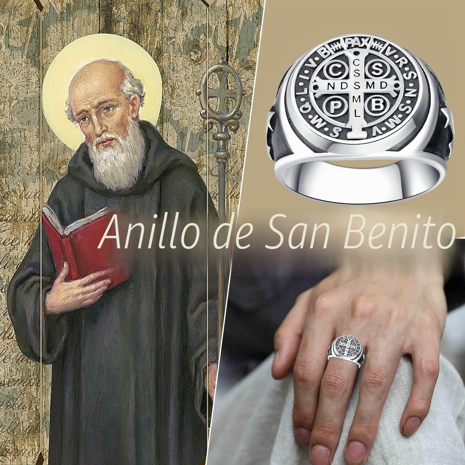 Anillo de Sello para Hombre Plata de Ley 925 Anillo San Benito Cruzado Vintage Religiosa Anillo Punk Hip Hop Joyería para Mujer Hombre