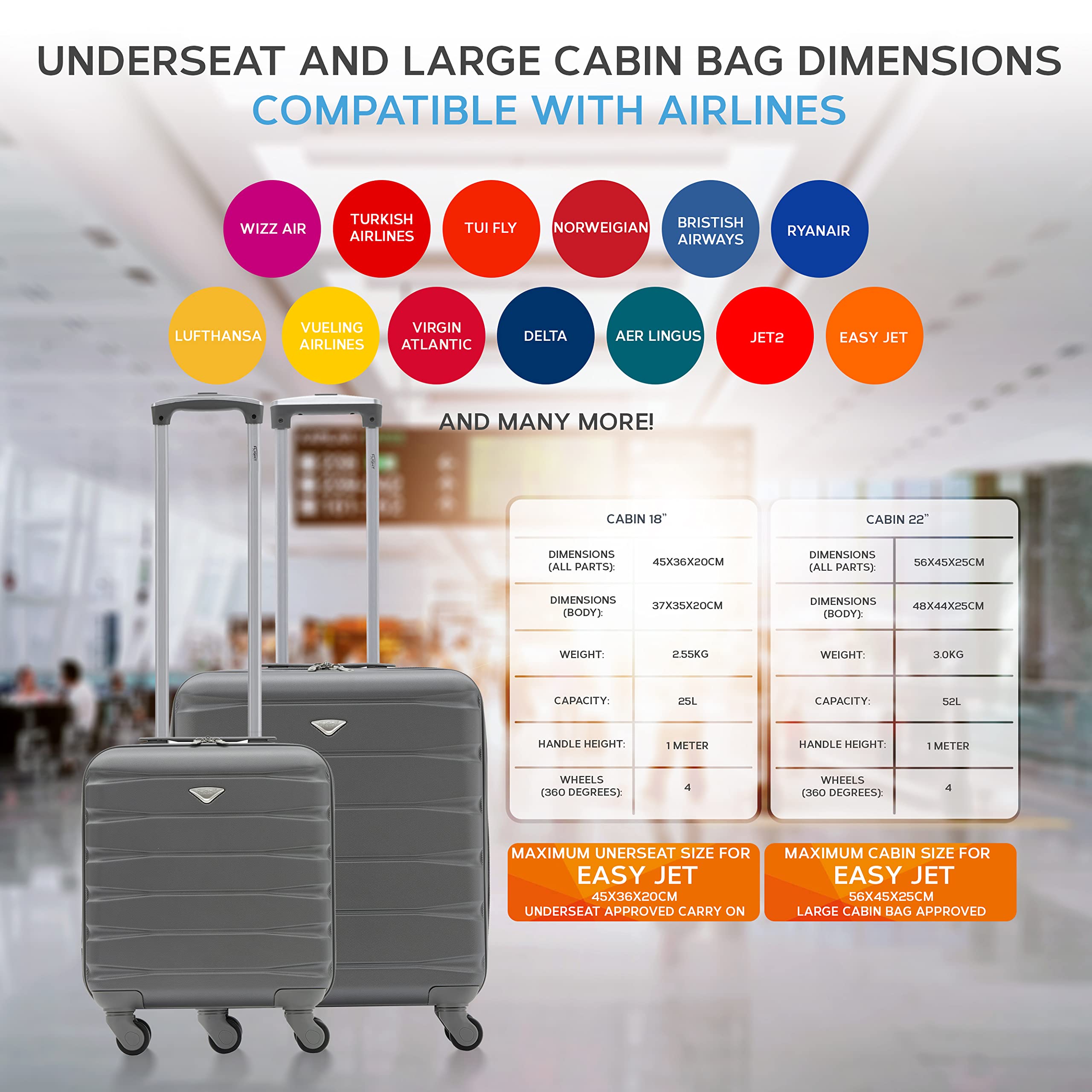 Flight Knight Suitcase Set of 2 Lightweight 4 Wheel ABS Hard Case Cabin Carry On Hand Luggage - easyJet Maximum Size for Overhead Cabin & Under Seat Carry-On - 45x36x20cm & 56x45x25cm