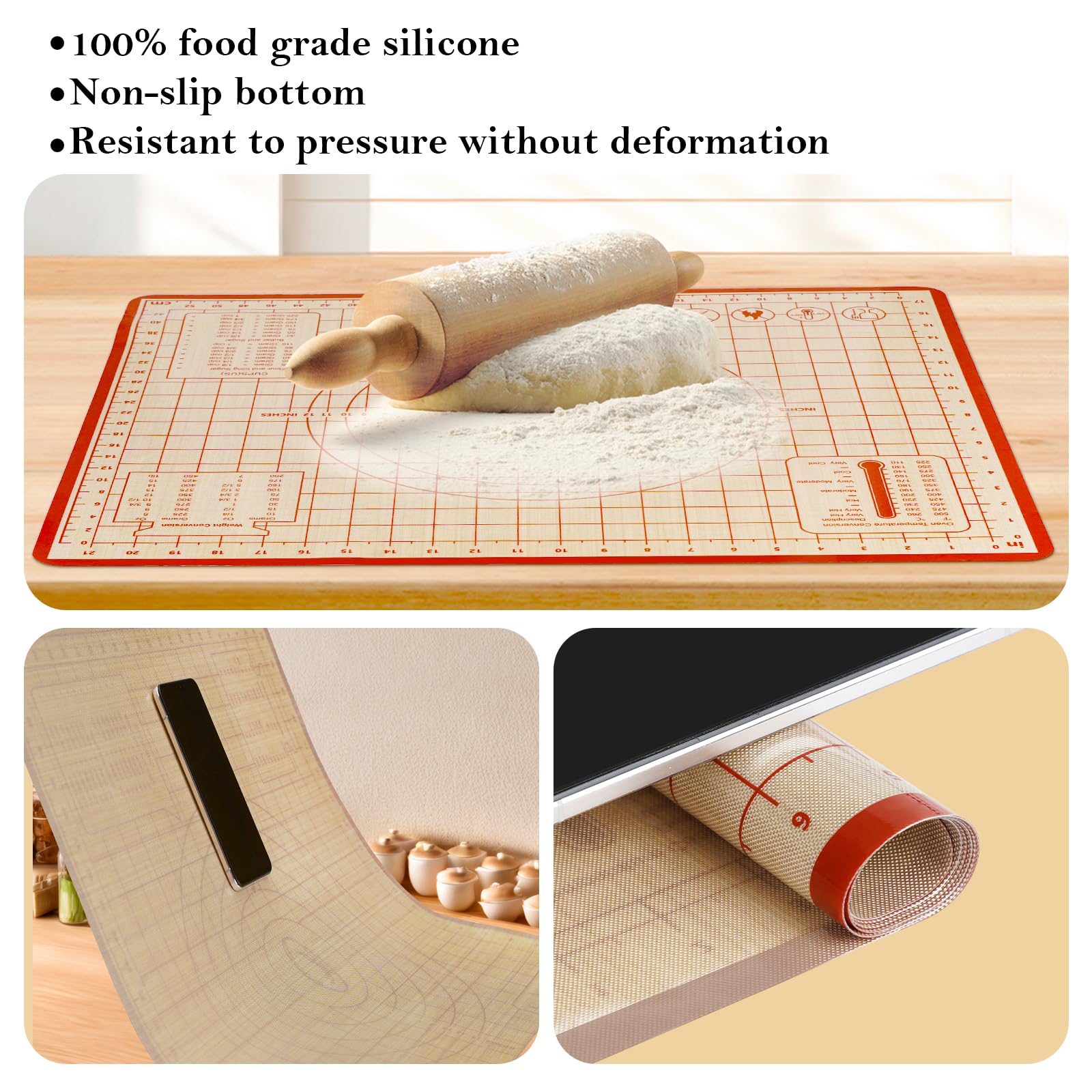 Tapete de silicona para hornear, 28 x 20 pulgadas y 16 x 12 pulgadas, tapete de medición antideslizante para hornear, amasar masa, manteles de mesa rojos (paquete de 2)