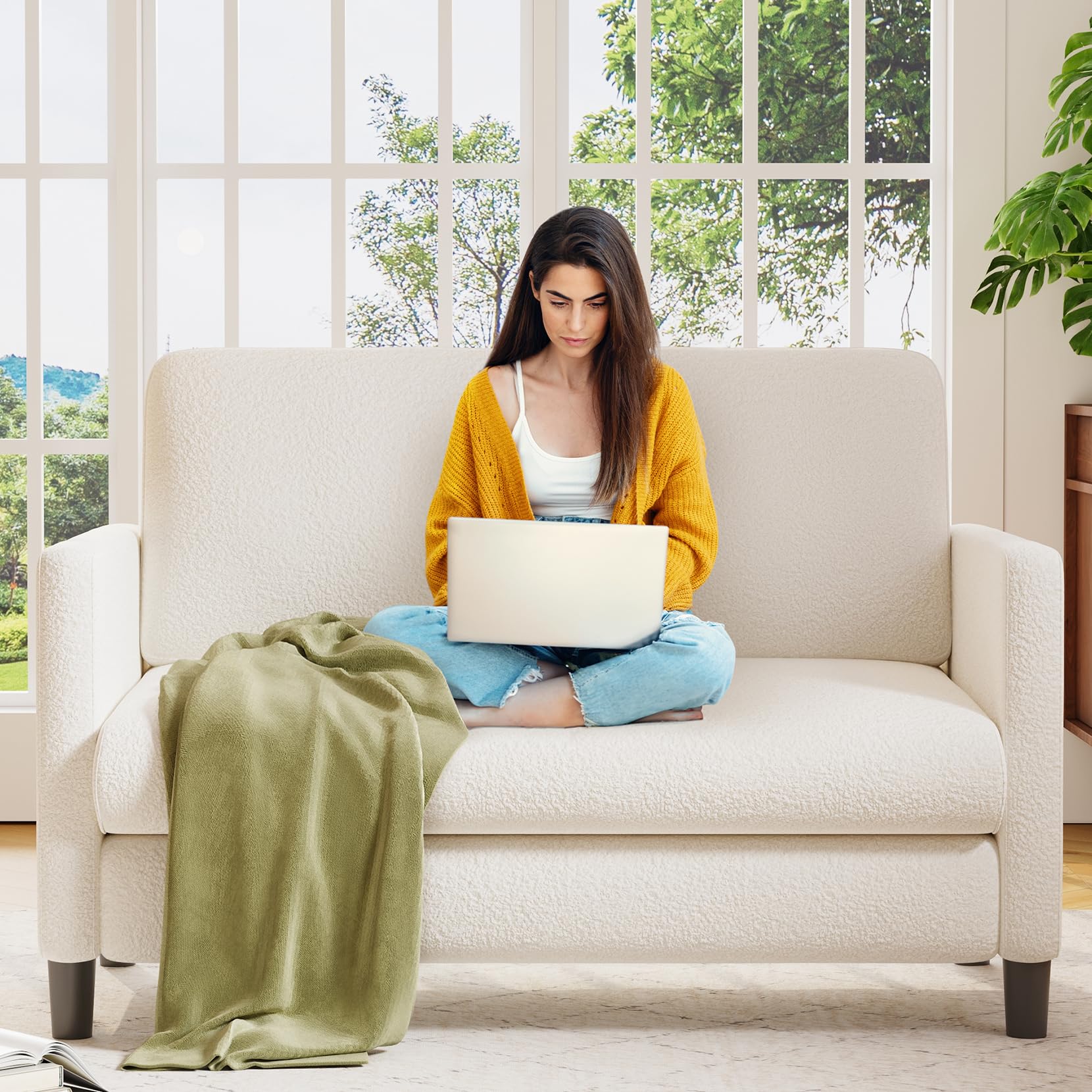 Loveseat Sofa, 51" Love Seat, Comfy Teddy Small Loveseat for Small Spaces, Tool-Free Setup Sofa Couch for Bedroom, All-Wood Couches for Living Room, No Pillow Included, Beige