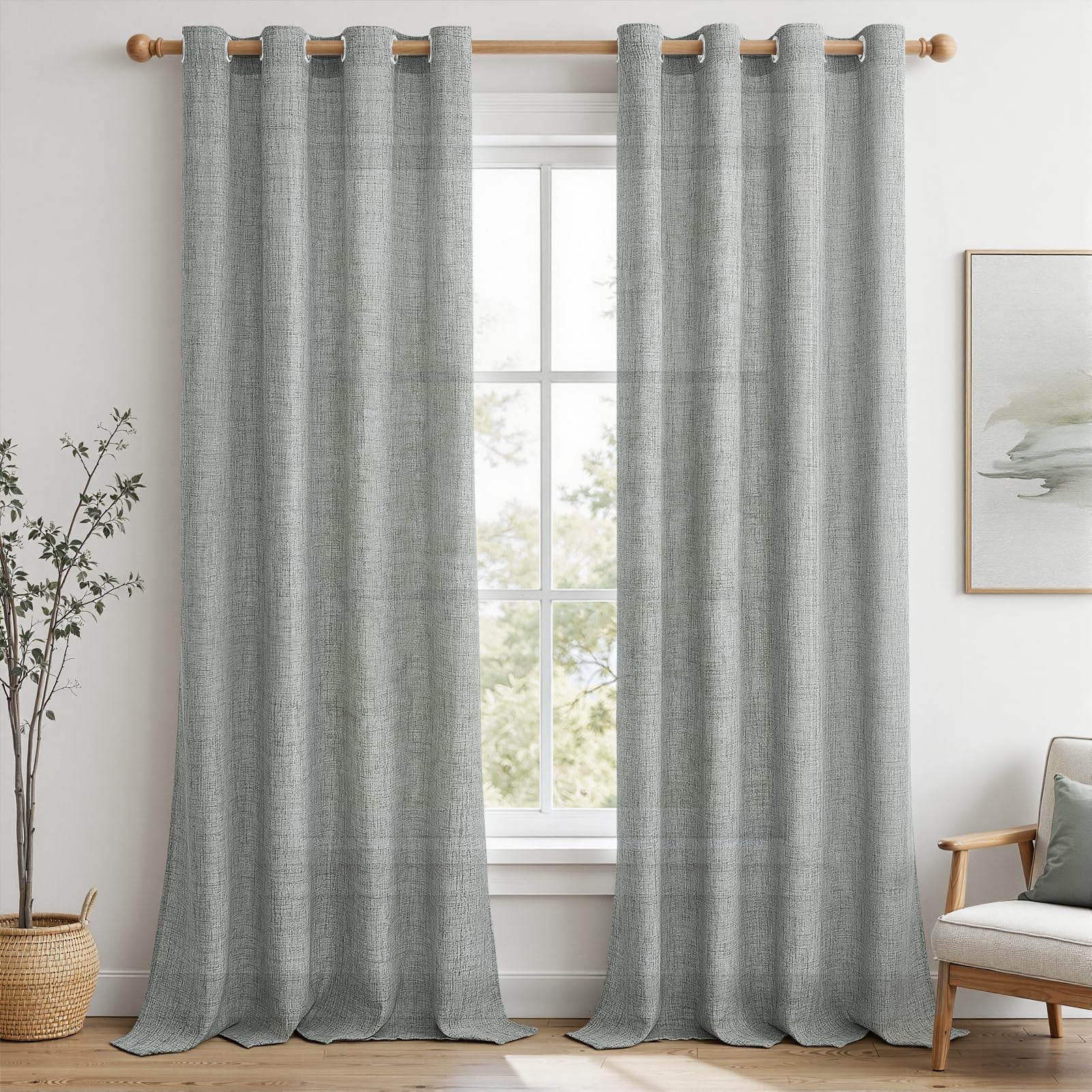 MRTREES Linen Curtains, Semi-Transparent Window Curtains, Bedroom Vintage Eyelet Curtain, Set of 2, H 245 x W 140 cm, Curtain with Eyelets, Linen Look, Country House Curtain, Living Room, Fog Grey — image 1