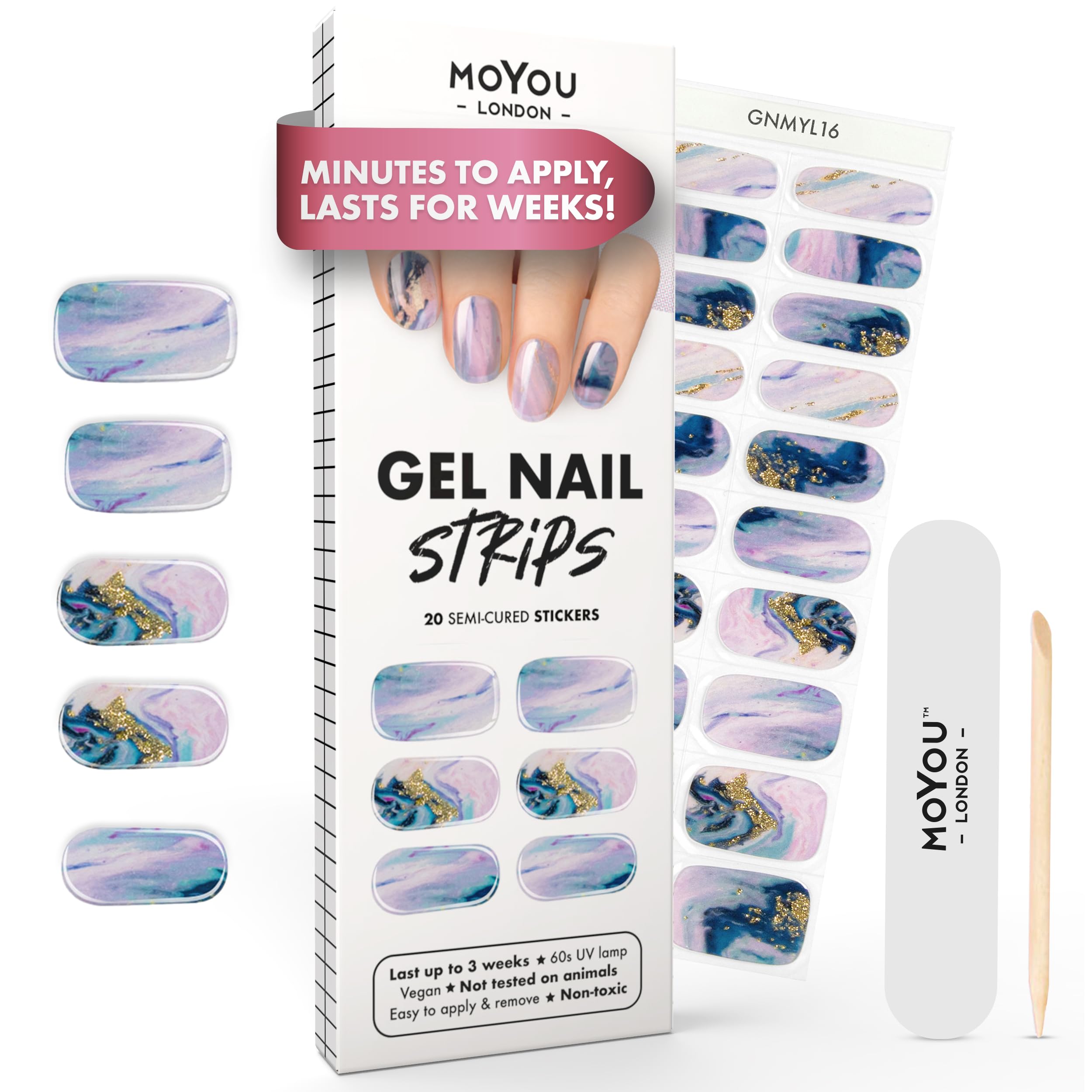 Semi Cured Gel Nail Strips - 20 Pcs. Waterproof Gel Nail Wraps, Cures in Sunlight or UV/LED Lamp, Lasts Up to 2+ Weeks, Stretchable, Easy to Apply & Remove, Vegan & Cruelty-Free