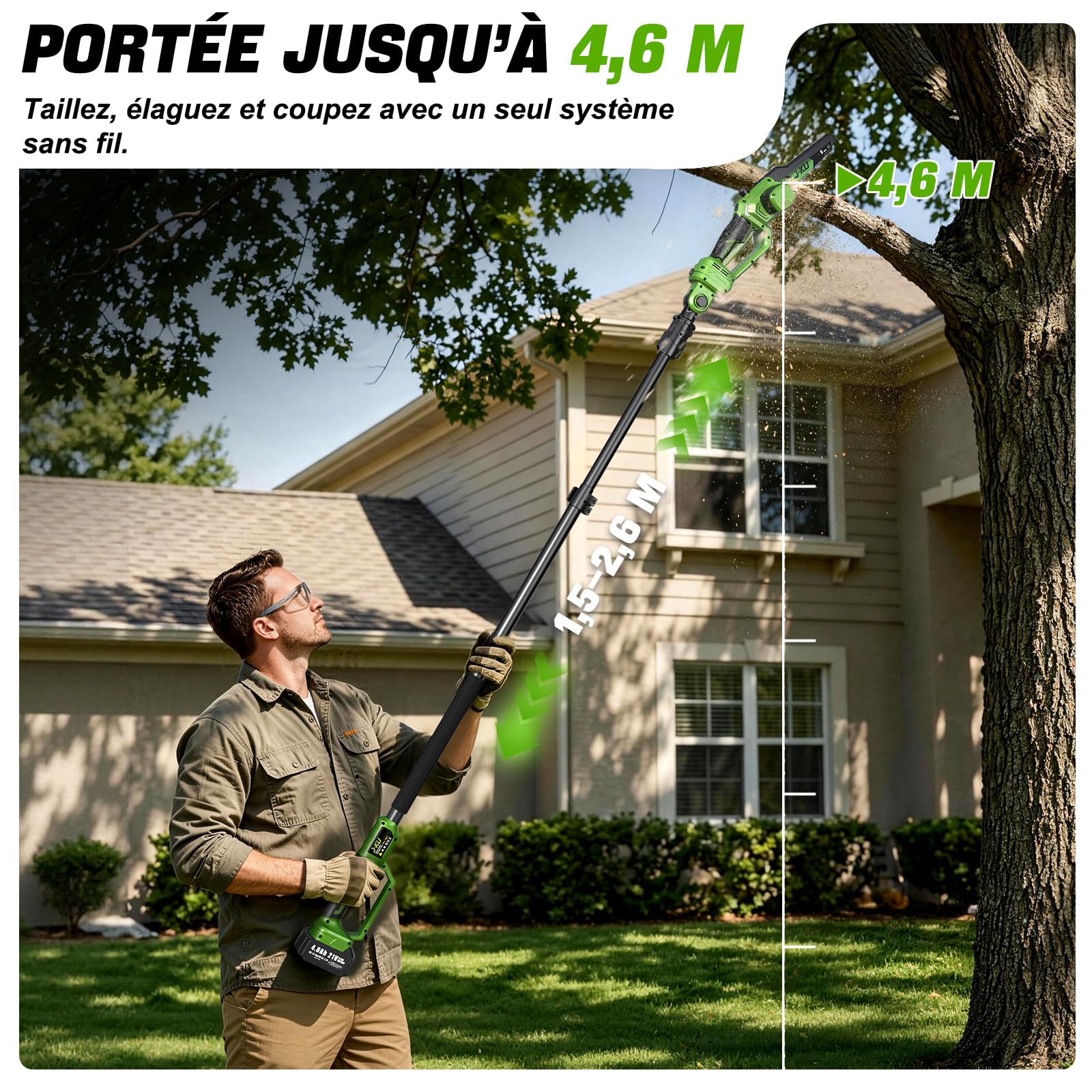 J-KU Podadora de Altura 4 en 1 a Batería, Mini Motosierra 20 cm (8") y Tijeras de Podar Eléctricas 35 mm, Pértiga Telescópica hasta 2,6 m, 2×4000 mAh, Herramientas de Jardín