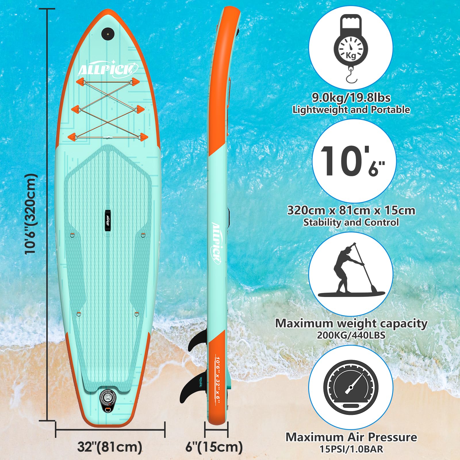 ALLPICK Sup Gonfiabile, Stand Up Paddle Board Gonfiabile, Con Supporto Universale per Fotocamera, Accessori Completi, Tavola da Sup Surf, Principianti e Avanzati, 150kg/180kg