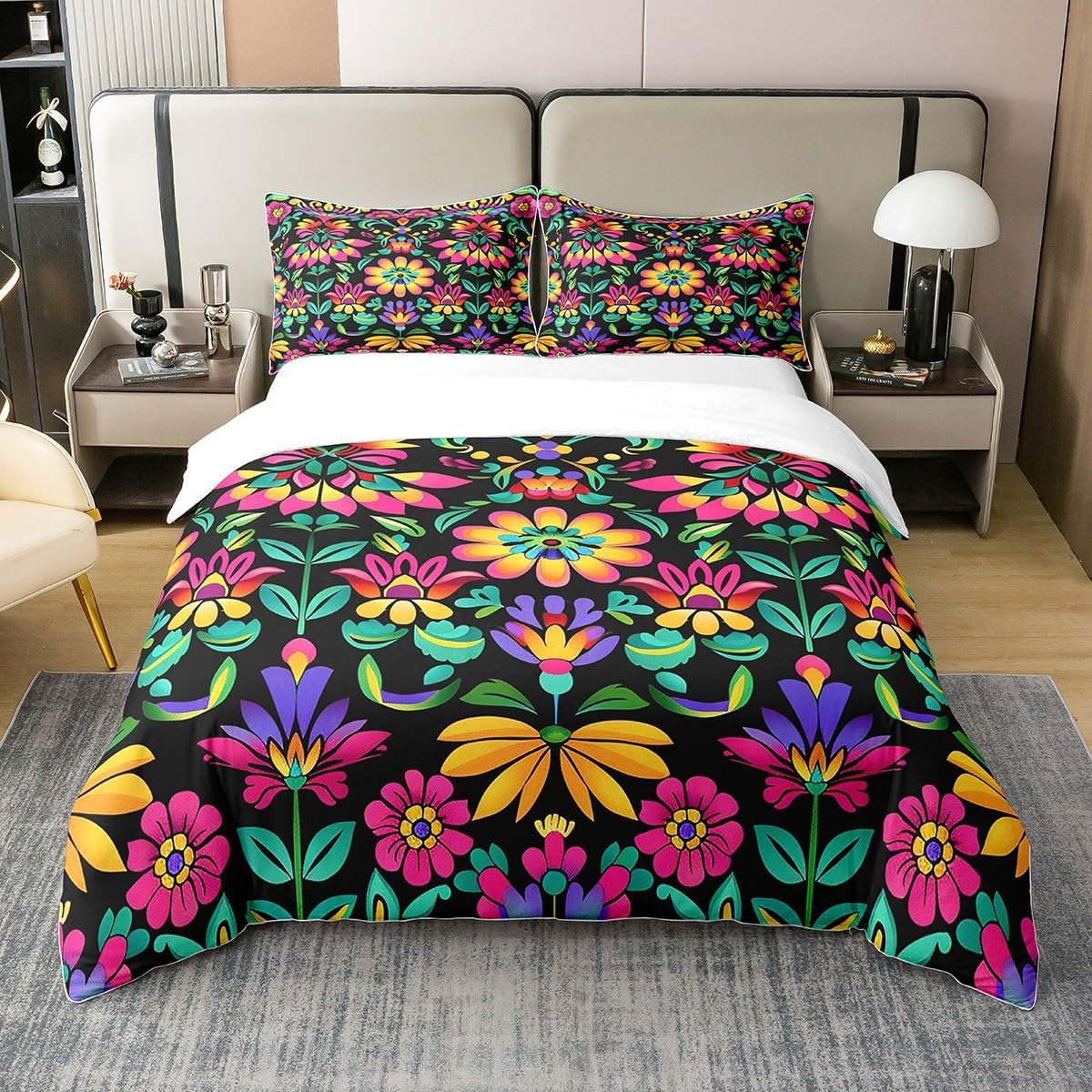Manfei 100% Cotton Bohemian Duvet Cover,Western Ethnic Tribal Flowers Leaves Comforter Cover(No Filler),Rustic Botanical Plants Boho Exotic Decorative Quilt Cover,3Pcs Full Size
