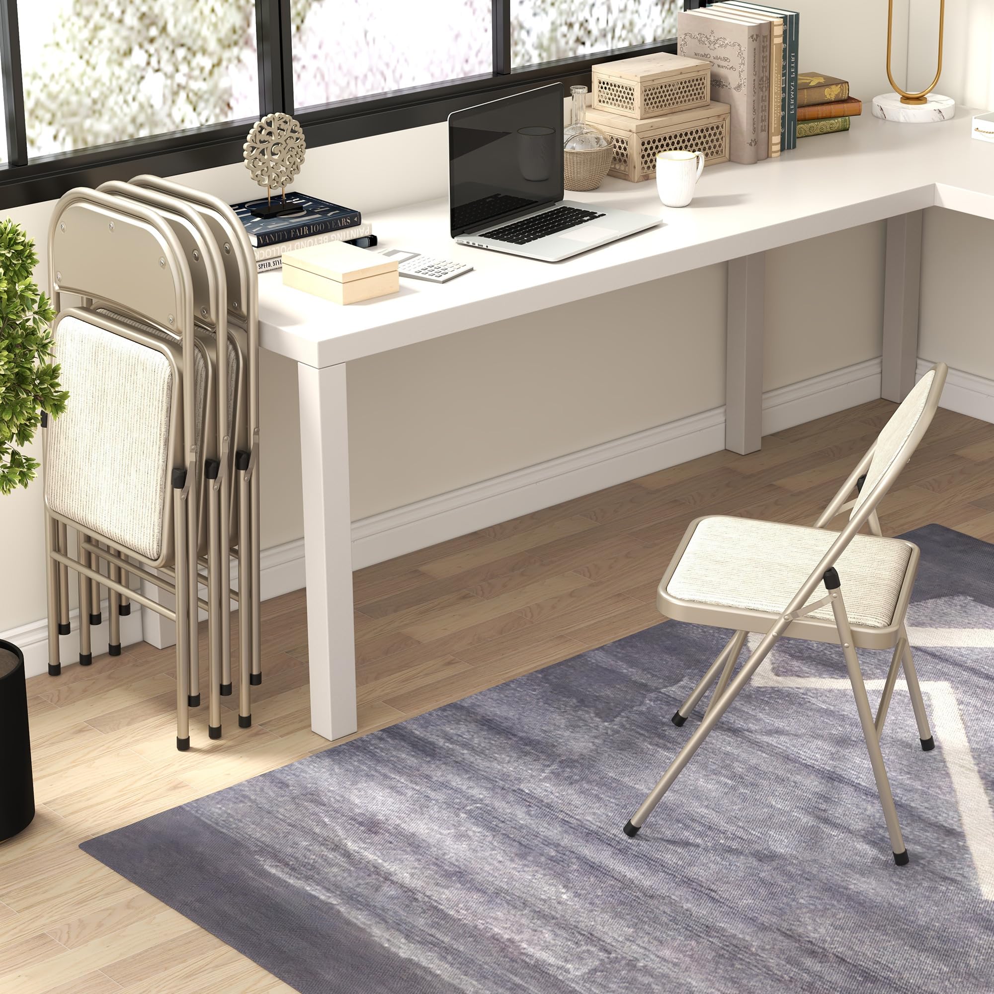 HOMCOM Lot de 4 chaises Pliantes chaises de Salle à Manger Portables Chaise Pliable d'intérieur avec Coussin en Lin et Cadre en Acier 45 x 46 x 78 cm Beige