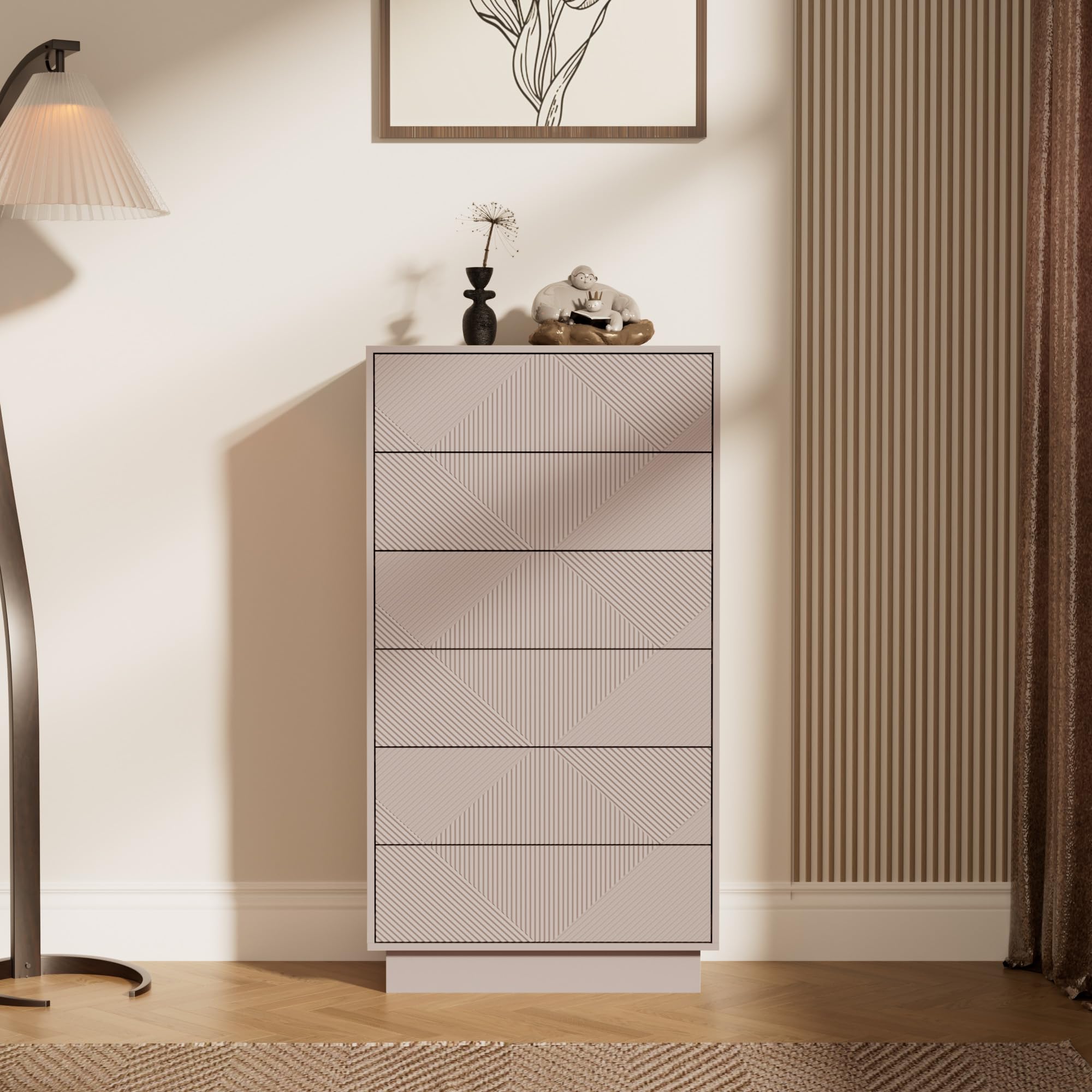 UEV Cassettiera a 6 Cassetti con Motivo a Rombi, Settiminio Spazioso per Archiviazione, Comò Stabile e Durevole per Soggiorno, Camera da letto, Corridoio, 60 x 33,5 x 111 cm, Beige Mocca | Credenza con cassetti Push to Open, armadio multiuso per soggiorno