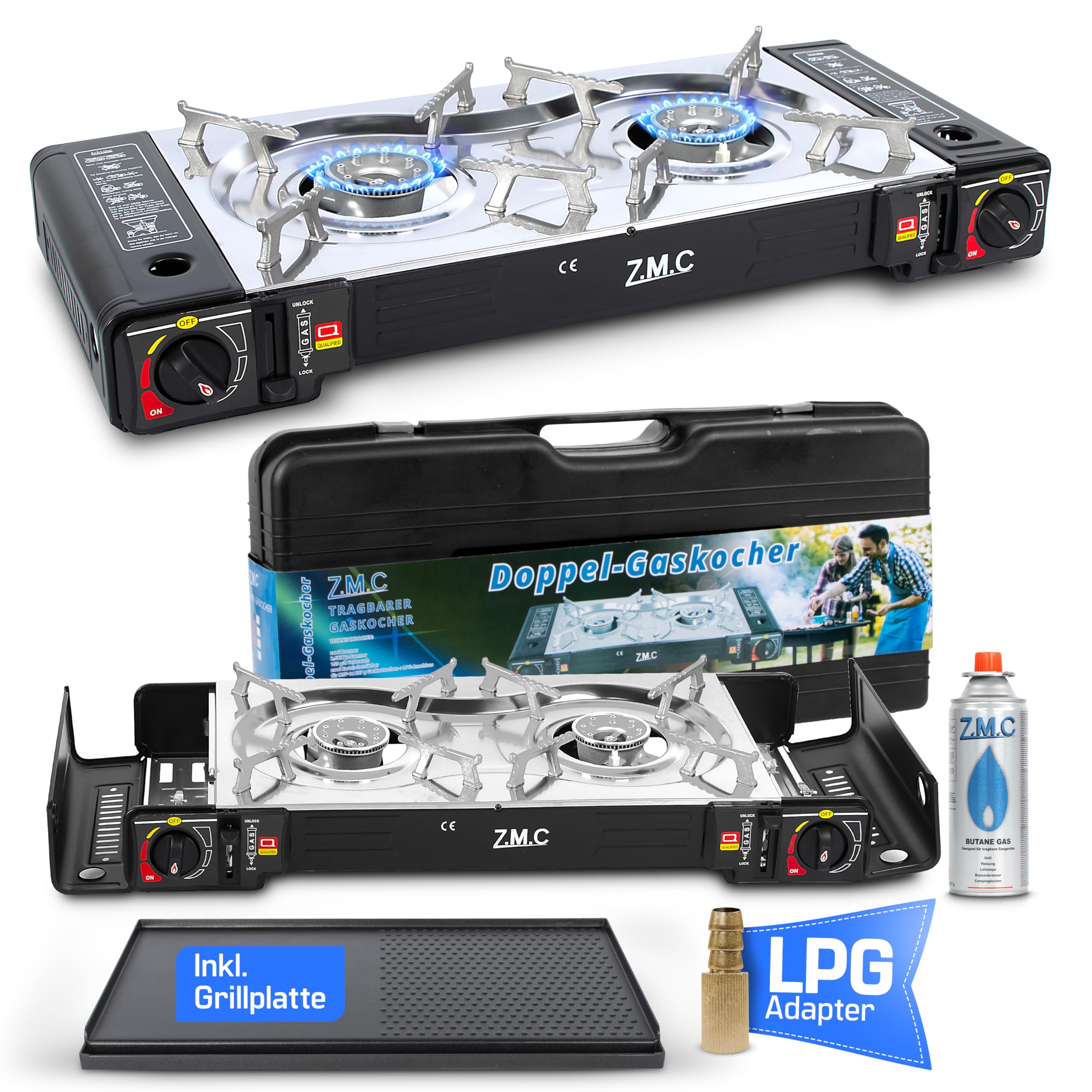 Z.M.C Réchaud à gaz 2 flammes 2 x 2,5 kW - Adaptateur GPL + mallette de rangement - Réchaud de camping avec allumage piézo - En option avec plaque de cuisson et cartouches de gaz de 227 g - Pour