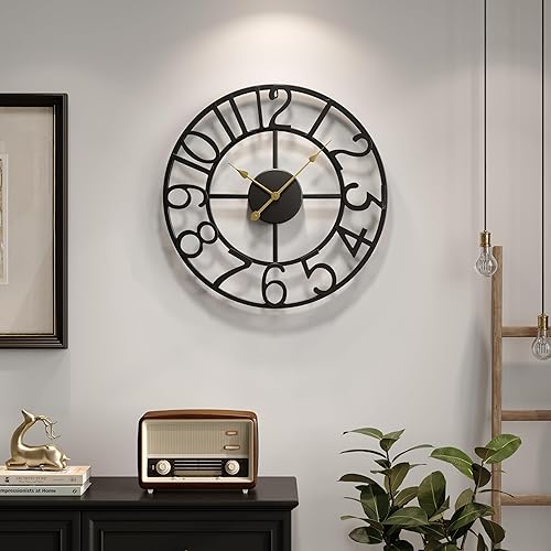 Miniatura 3 de Reloj de pared negro de 16 pulgadas decorativo, moderno reloj de metal para sala de estar, funciona con pilas, silencioso, sin tictac, números