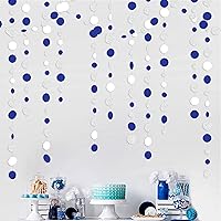 Vista 4 de Guirnalda de puntos circulares azul marino, blanco y plateado de 46 pies, serpentina colgante de papel con lunares azul real para cumpleaños, boda