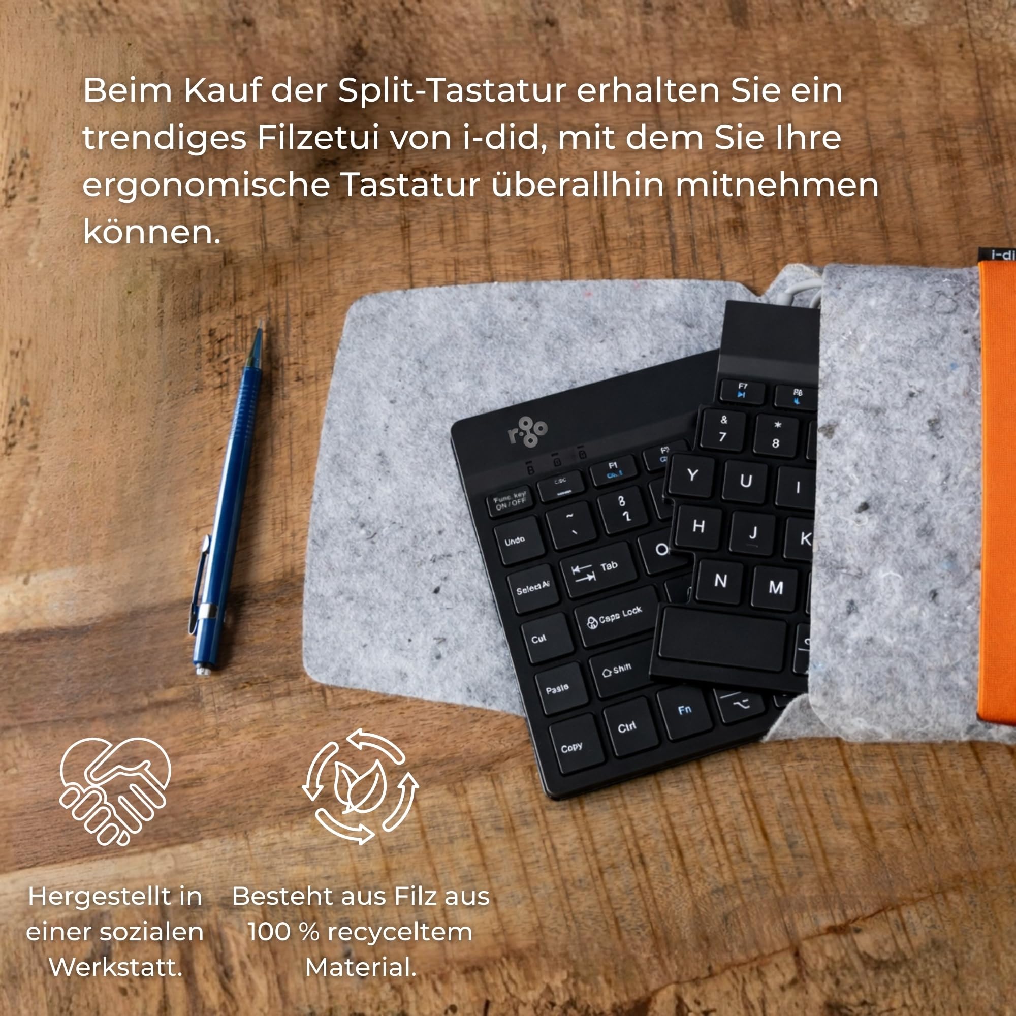 R-Go Split Break Tastatur mit Tasche - QWERTZ (DE) - Bluetooth Kabellos - Ergonomische Split-Tastatur wiederaufladbar - Filz-Etui - Anti-RSI - Schwarz