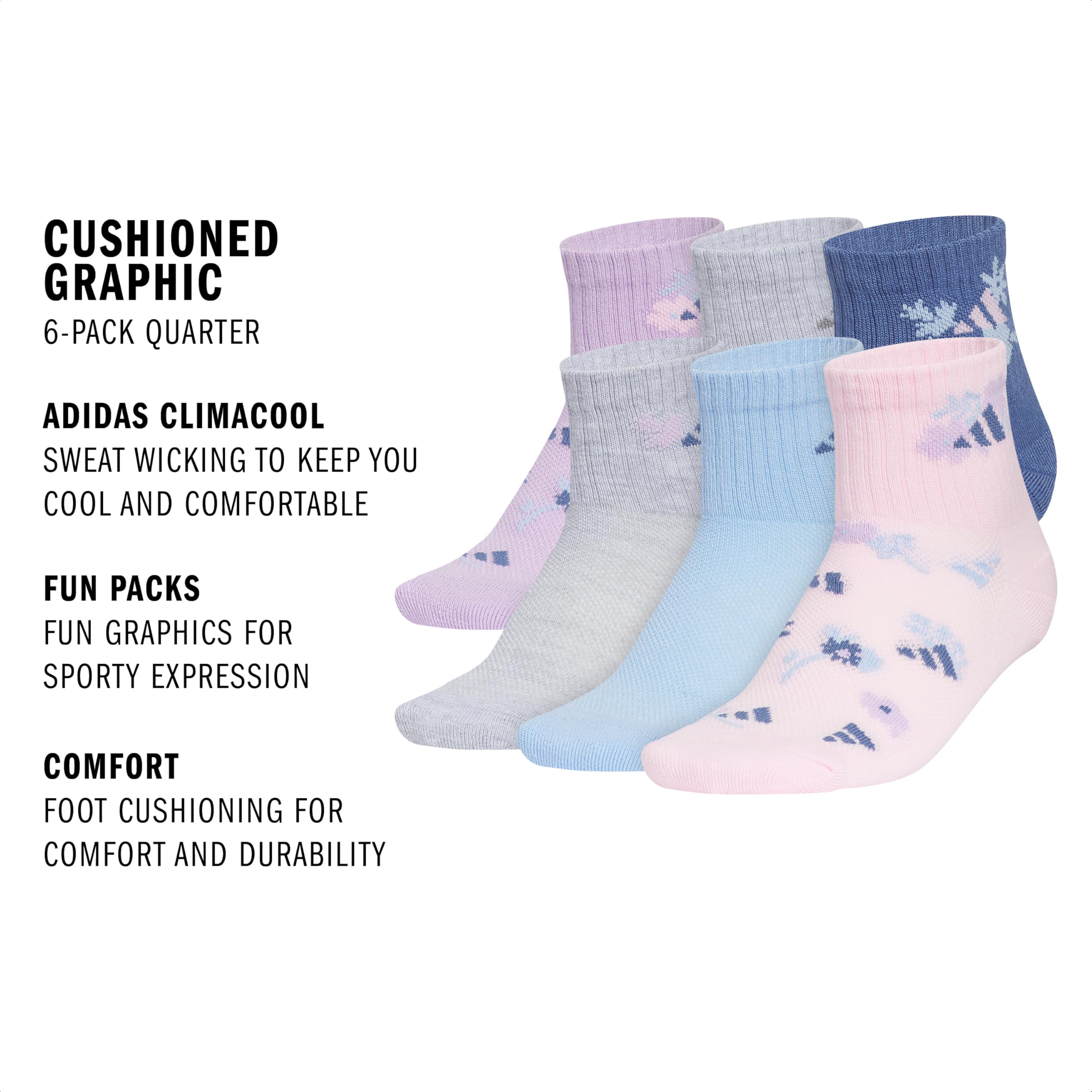 adidas Gepolsterte Socken für Mädchen, 6 Stück, Viertelviertelsocken (6 Stück)