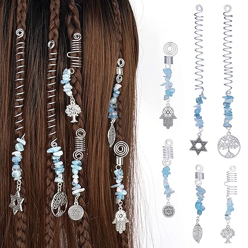 FRESHME Joyas de cristal azul para trenzas Pinzas para el cabello vikingo, joyería de rastas, cuentas en espiral, accesorios para el cabello,