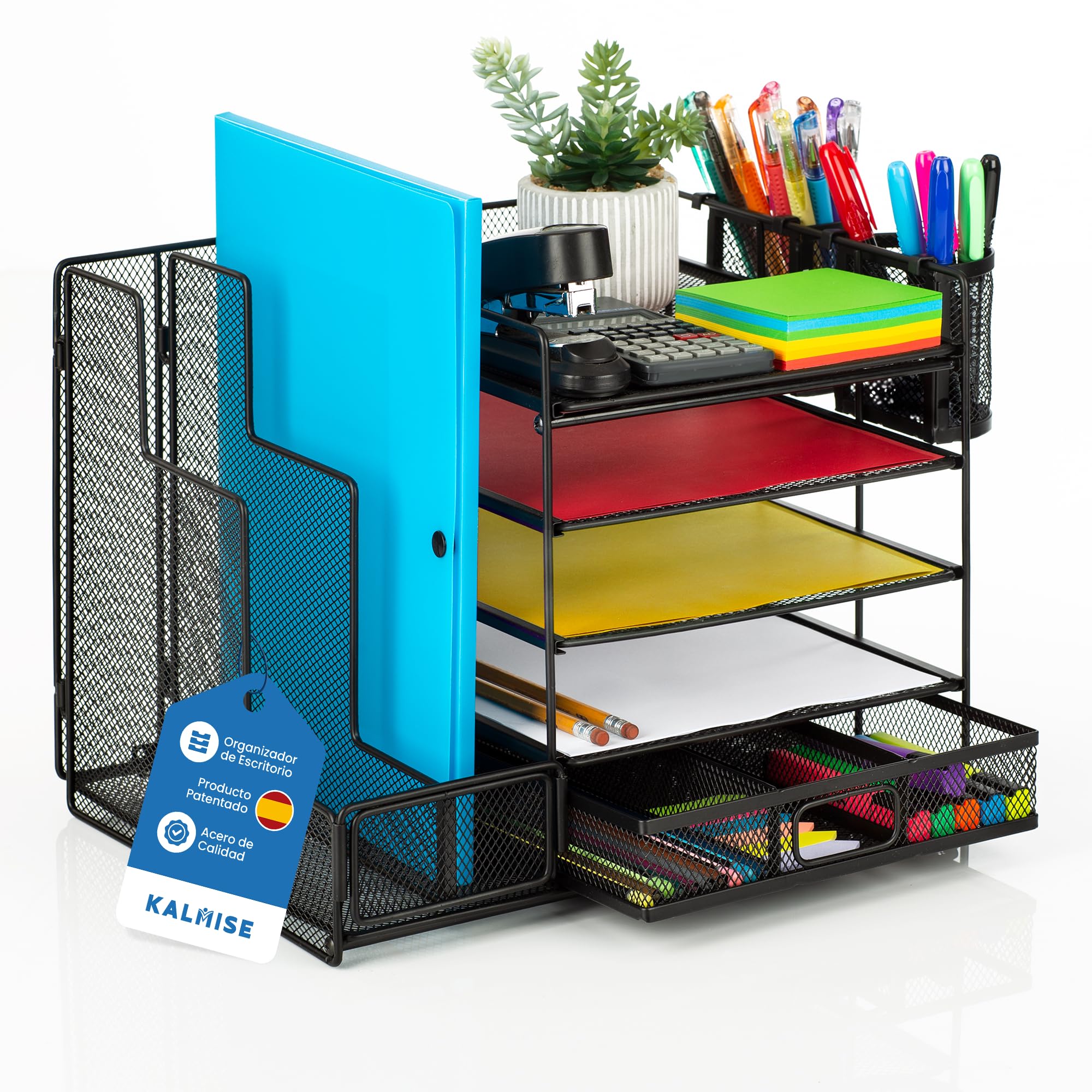 KALMISE Organizador Escritorio con 5 Bandejas, Archivadores, Cajon & Portalapices Escritorio | Organizador de Documentos para Carpetas, Folios, Archivadores Oficina & Libretas | Producto Patentado