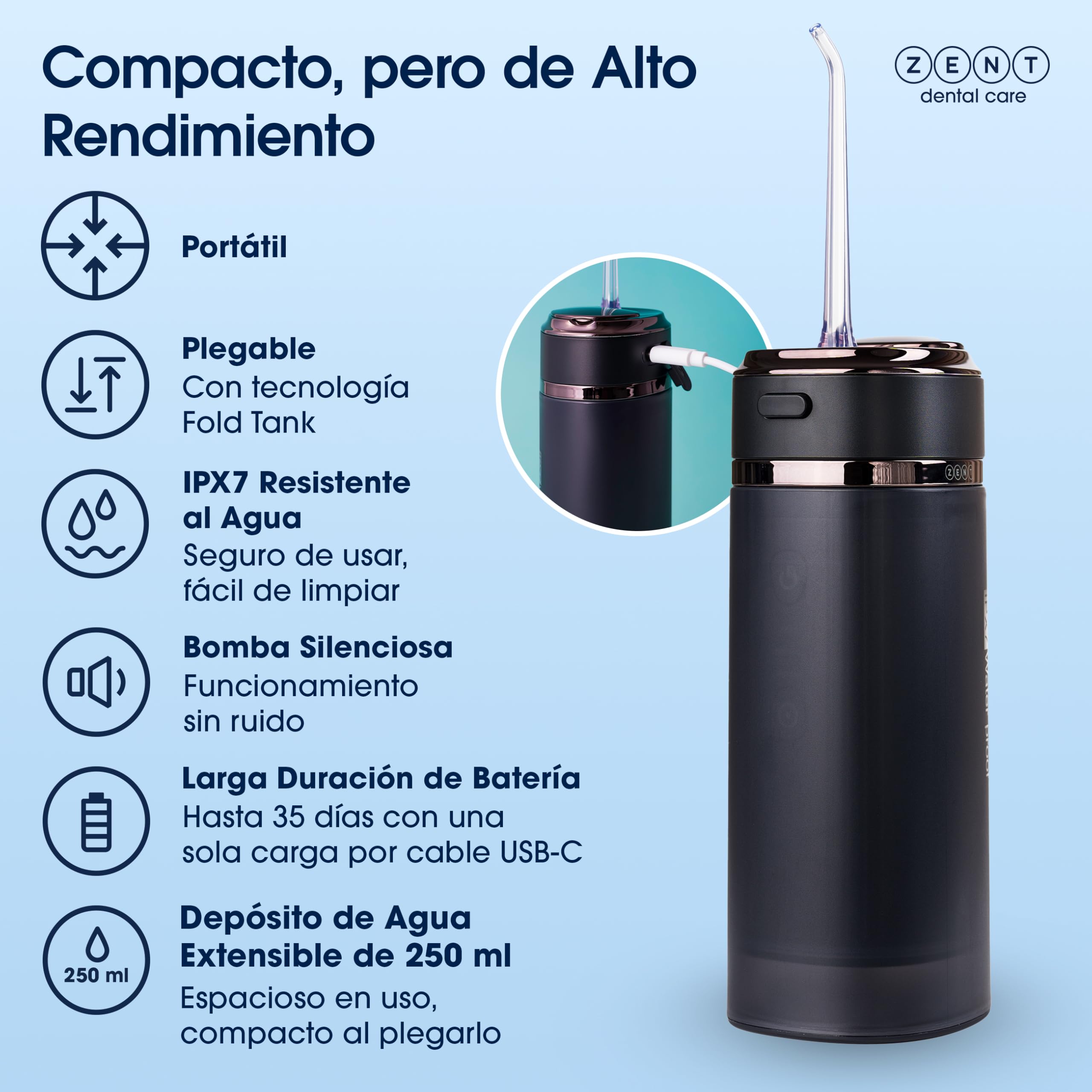 ZENT Stream+ Irrigador Bucal viaje con tecnología rotativa avanzada de 360° | Irrigador dental portatil, 3 Boquillas, Presión ajustable, Limpia quitar sarro dientes, Batería duradera, IPX7 Impermeable